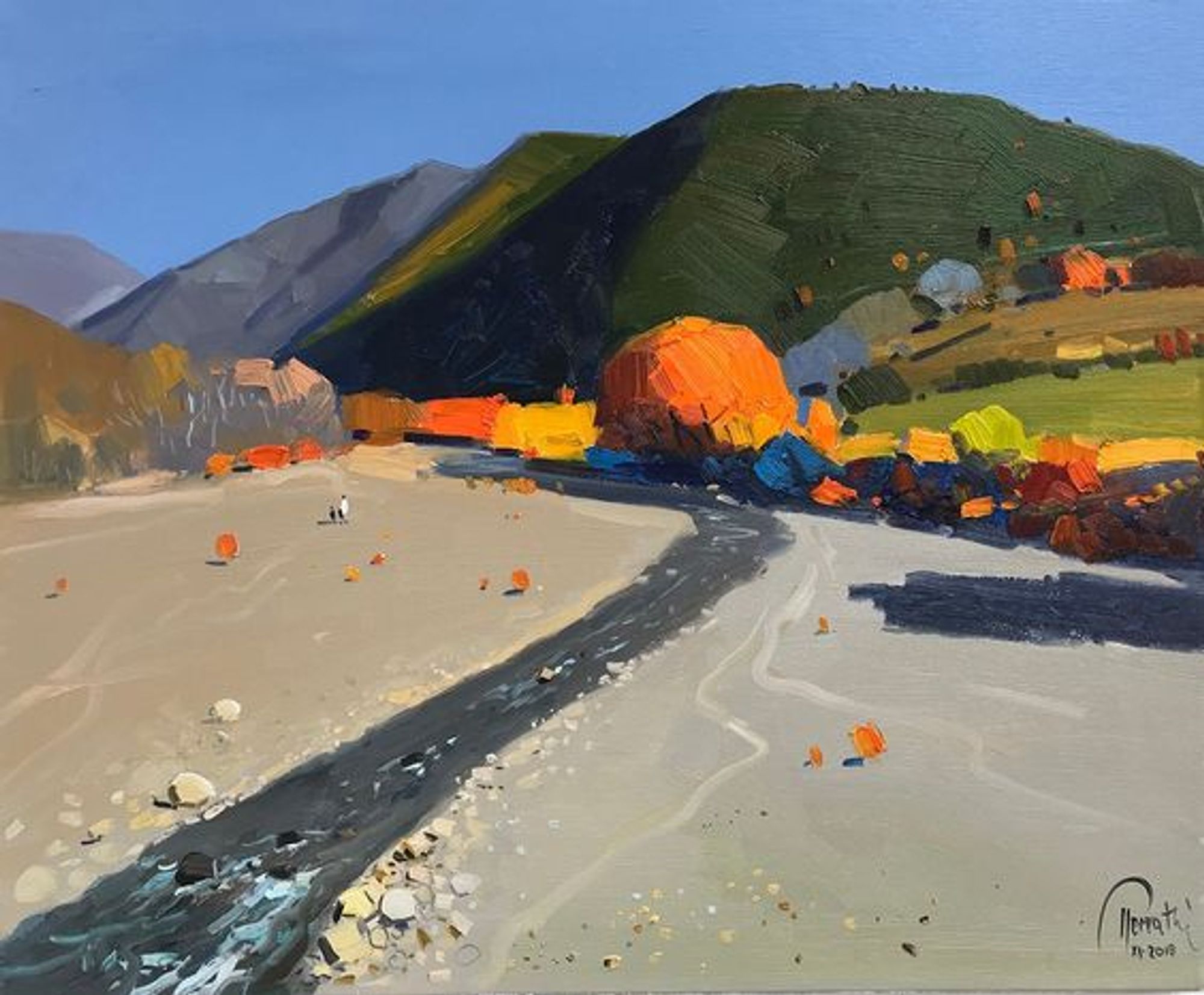 Pashk Pervathi, 2018, 60x50cm — painting of wide light brown/grey riverbed in foreground, with swift river running through it. In the background, hills ranging from deep green, blue-grey and gold. Blazing sttylized autumnal trees hug the edges of the riverbed, with some dotted on hills above.