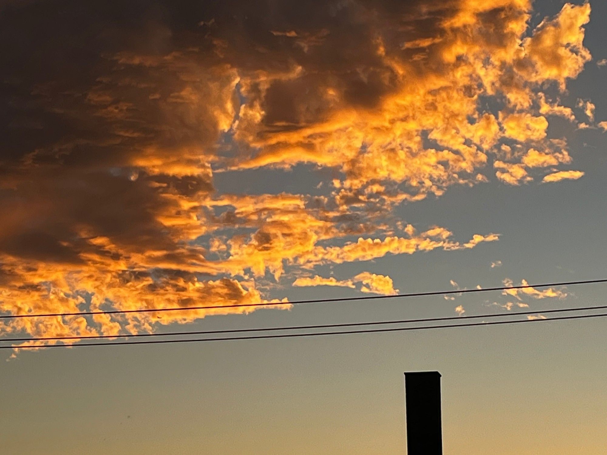 6:42 pm. Yesterday evening. Chicago. — raft of cloud brilliantly illuminated in deep yellow-pinks grading upward to a darker, dusky orange. A lone smokestack at bottom right.