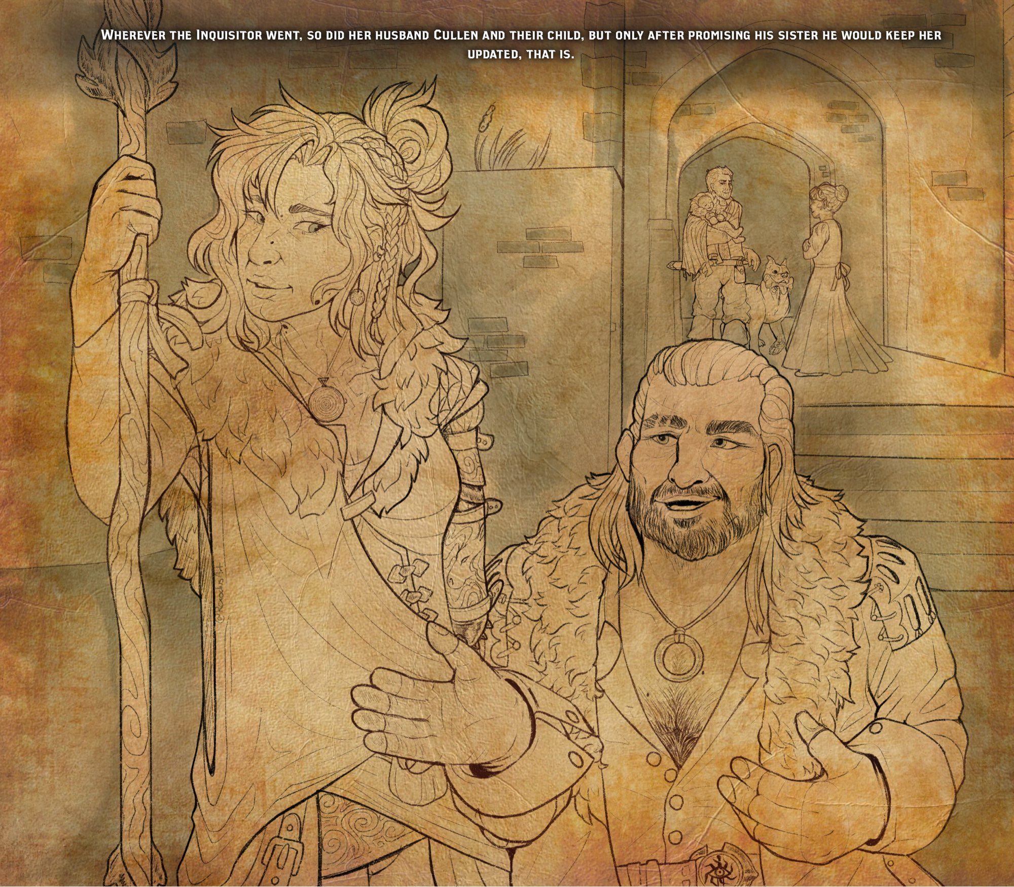 A piece of digital art showing the characters Varric, Cullen, and the Inquisitor from Dragon Age Inquisition 10 years after the game. It says “Wherever the Inquisitor went, so did her husband Cullen and their child, but only after promising his sister he would keep her updated, that is.”