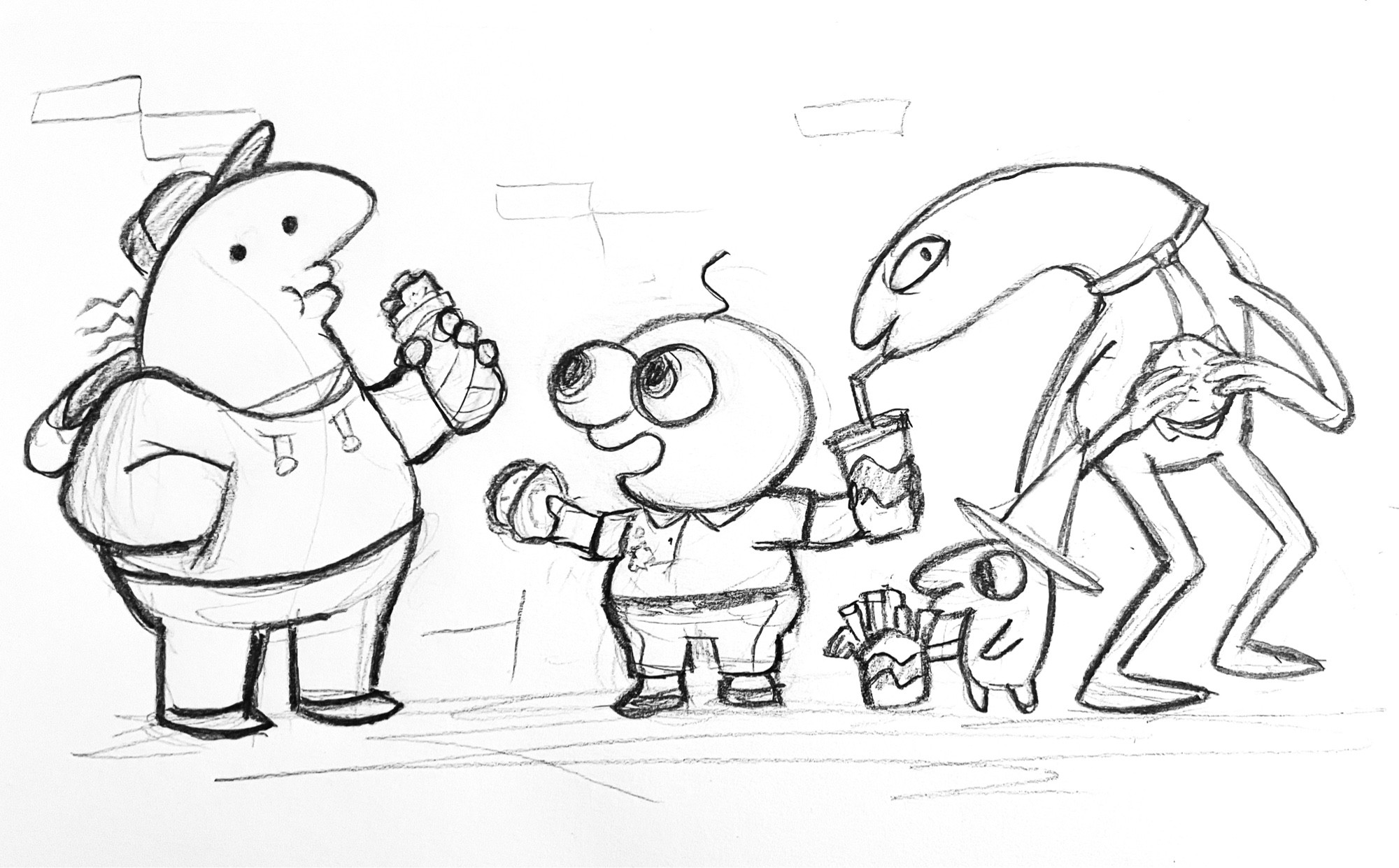 from left to right: charlie holding a burrito, pim holding a taco and a drink, alan stealing a sip of the drink while holding a very cheesy burger and of course, pim chilling with fries