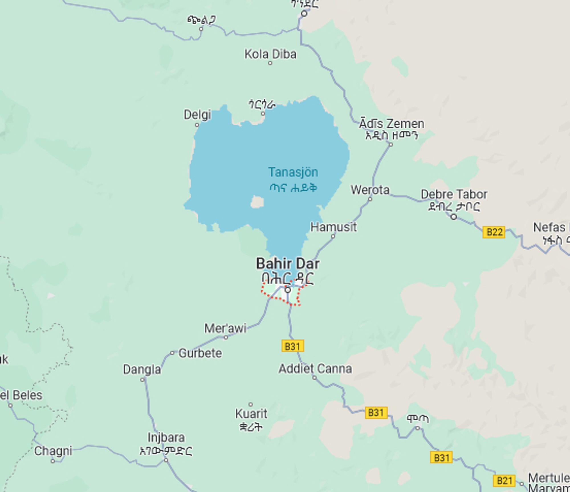 Map over Bahir Dar close to lake Tana