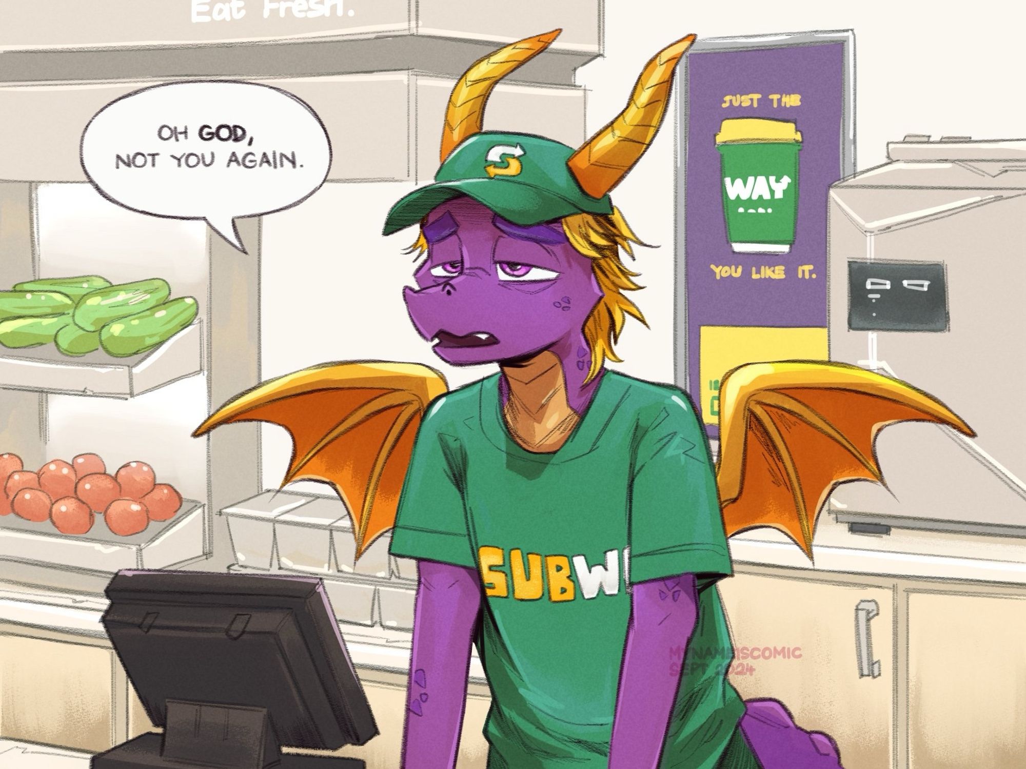 Spyro the dragon still working at Subway. Art by @mynameiscomic.bsky.social