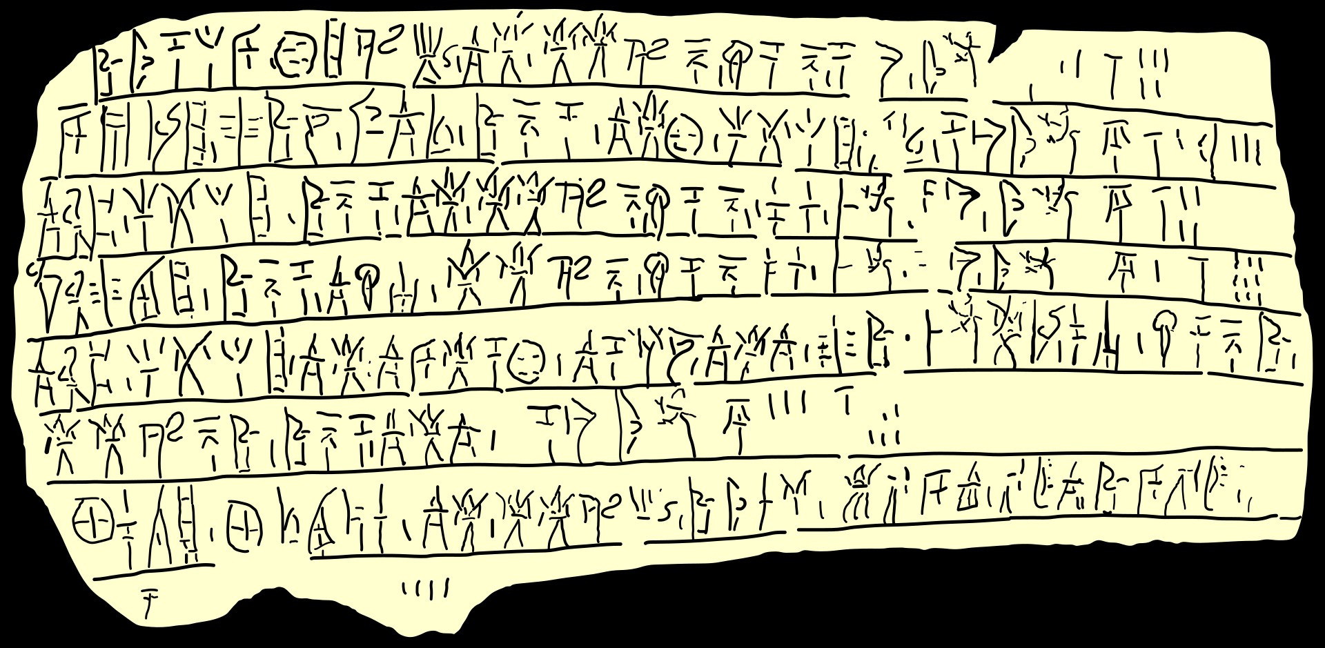 A drawing of a tablet from Pylos, covered in Linear B script. Yeah, it looks like squiggles to me too.