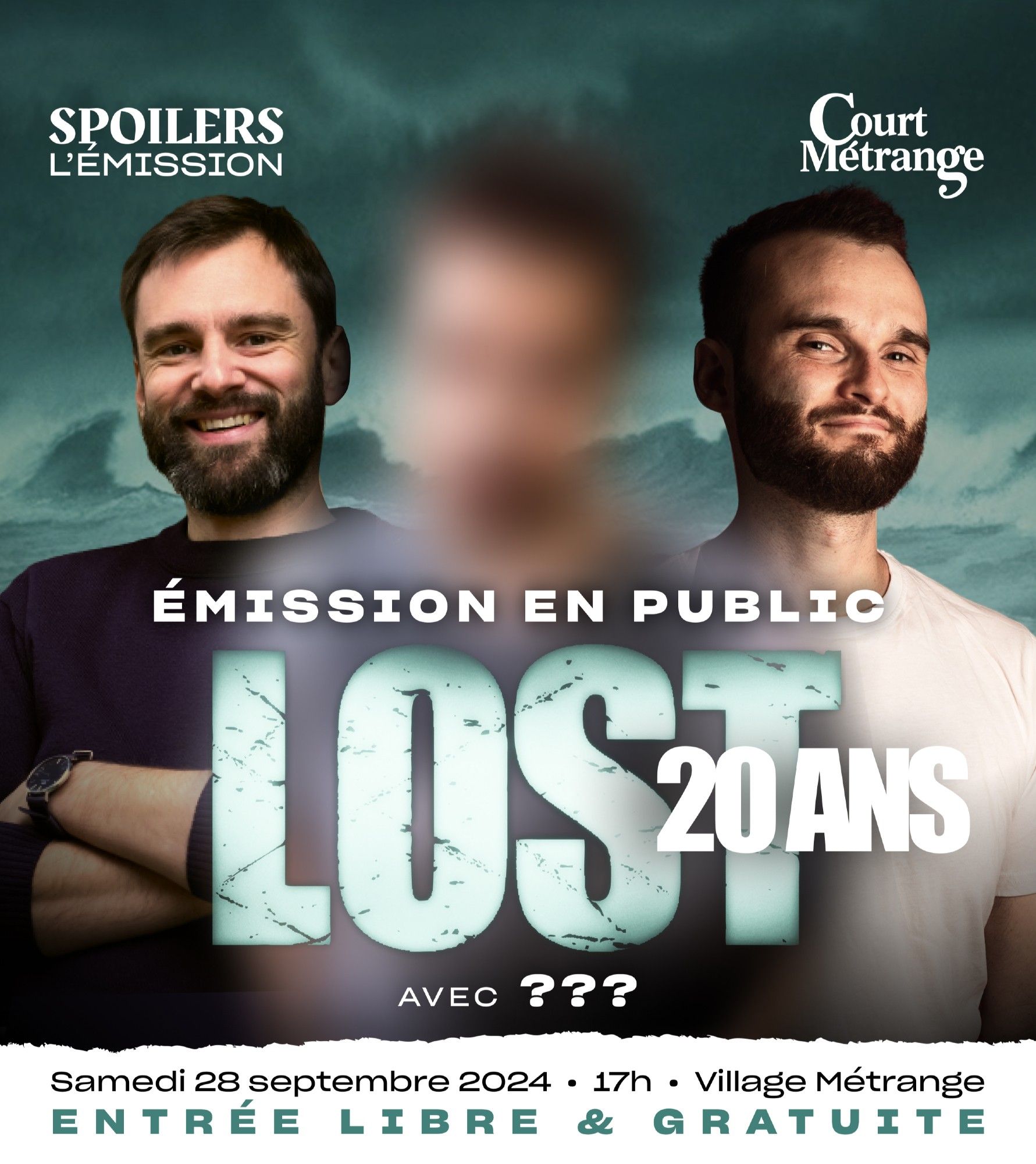 Visuel de notre podcast sur LOST à l'occasion des 20 ans de la série et du festival Court Métrange. On voit voit Guillaume, CHP et l'invité.e mystère flouté.