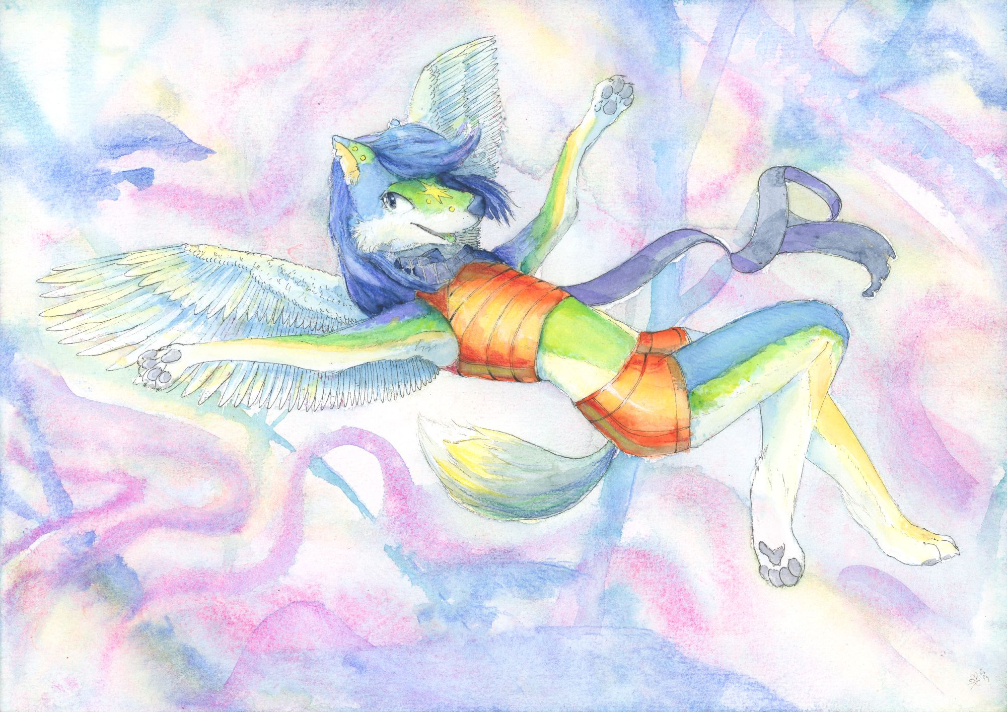 An angelic blue-green anthro wolf (with big, white wings) floating in a colourful cloud of pink and blue