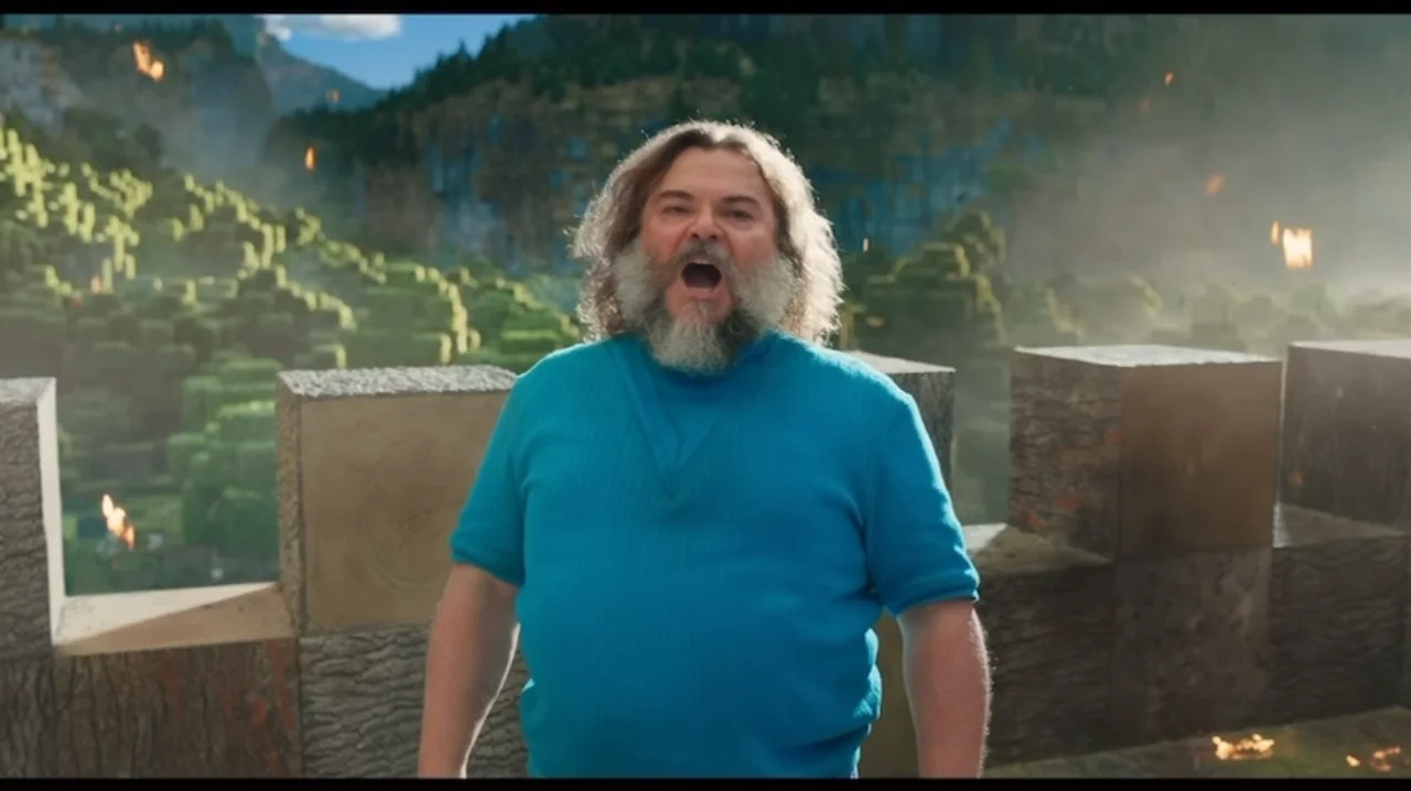 Screenshot of the Minecraft Movie trailer, in which Jack Black is saying "I, am Steve" in an overtly dramatic tone