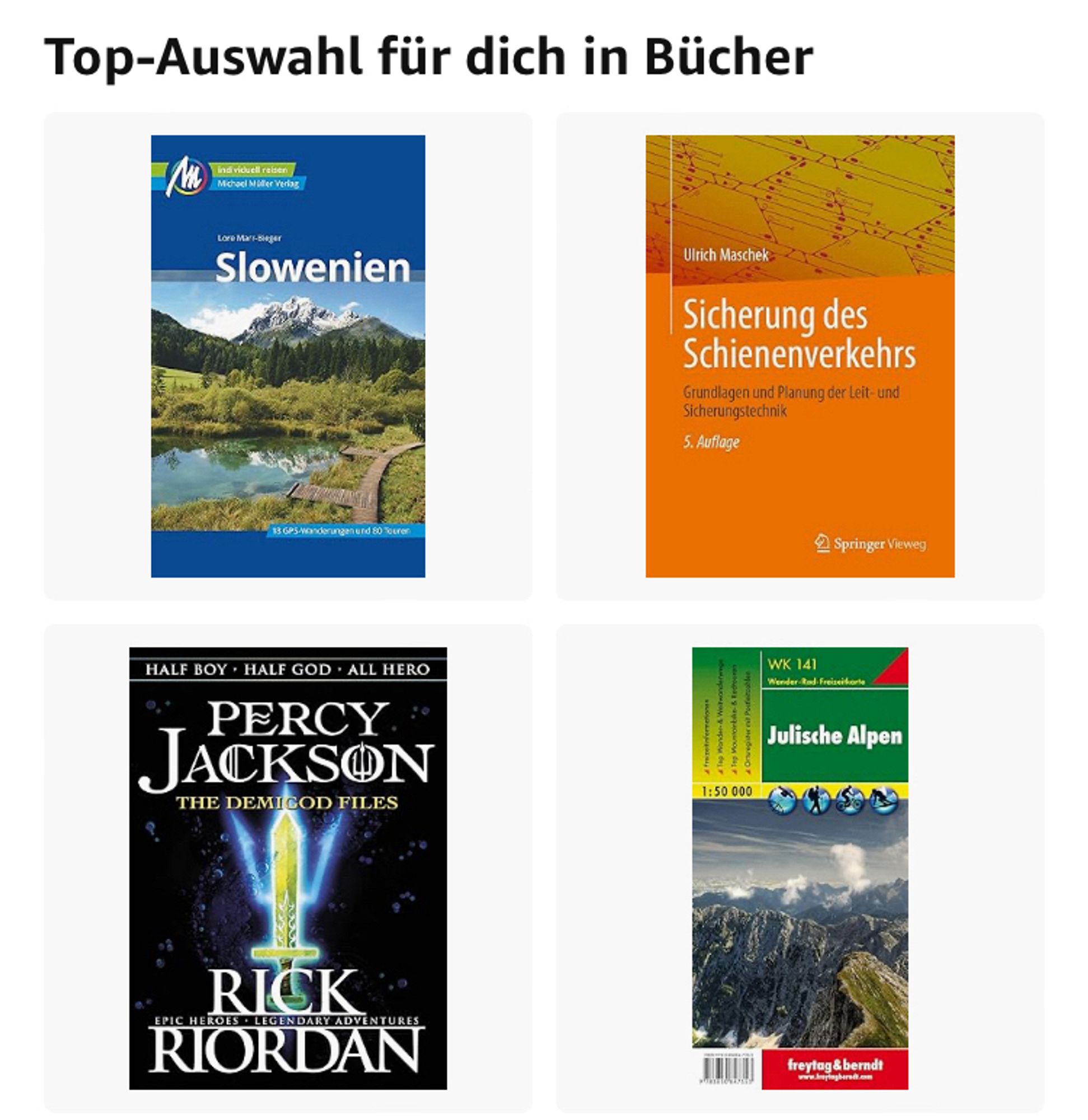 Mehrere Bücher zu verschiedenen Themen: Reiseführer Slovenien, Percy Jackson, Sicherung des Schienenverkehrs, Wanderkarte Julische Alpen