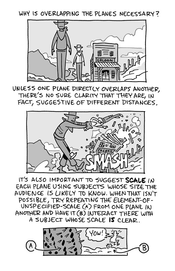 Text: why is overlapping the planes necessary?
(image: a cowboy apparently close to the viewer, one a ways back, and then a saloon behind him).
Unless one plane directly overlaps another, there’s no sure clarity that they are, in fact, suggestive of different distances.
(image: the cowboy appearing to be closest is shown to be a giant, swinging the apparently midground cowboy by the head into the two-story saloon that's only about as tall as a person).

it’s also important to suggest scale in each plane using subjects whose size the audience is likely to know. when that isn’t possible, try repeating the element-of-unspecified-scale (a) from one plane in another and have it (B) interact there with a subject whose scale is clear.
(image: a small round cactus in the foreground, and farther off a cowboy sitting on a similar cactus)