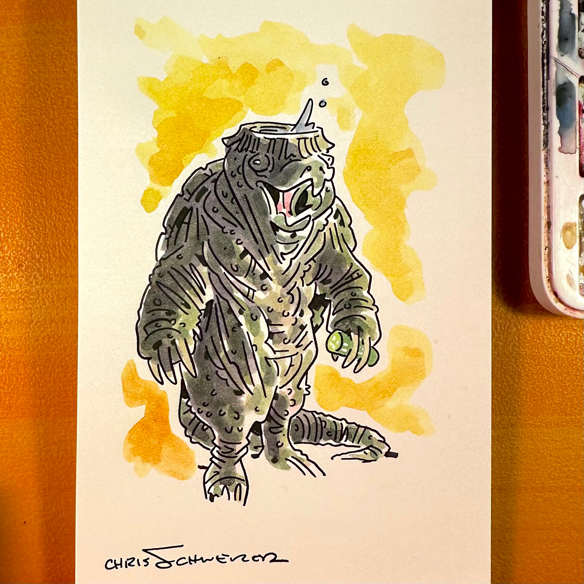 Watercolored drawing of a man-turtle holding a cucumber with a yellow background. It looks quite a bit like a giant alligator snapping turtle I found when I was a kid