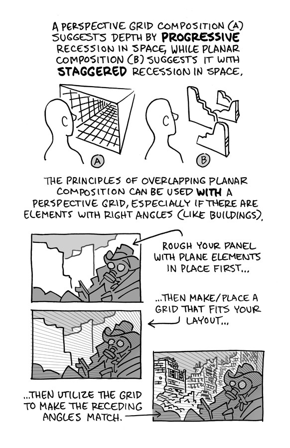 Text: A perspective grid composition (A) suggests  depth by progressive recession in space, while planar composition (B) suggests it with staggered recession in space.
(image: a receding grid and a series of staggered planar elements)
The principles of overlapping planar composition can be used with a perspective grid, especially if there are elements with right angles (like buildings).
Rough your panel with plane elements in place first...
...then make/place a grid that fits your layout...
...then utilize the grid to make the receding angles match.
