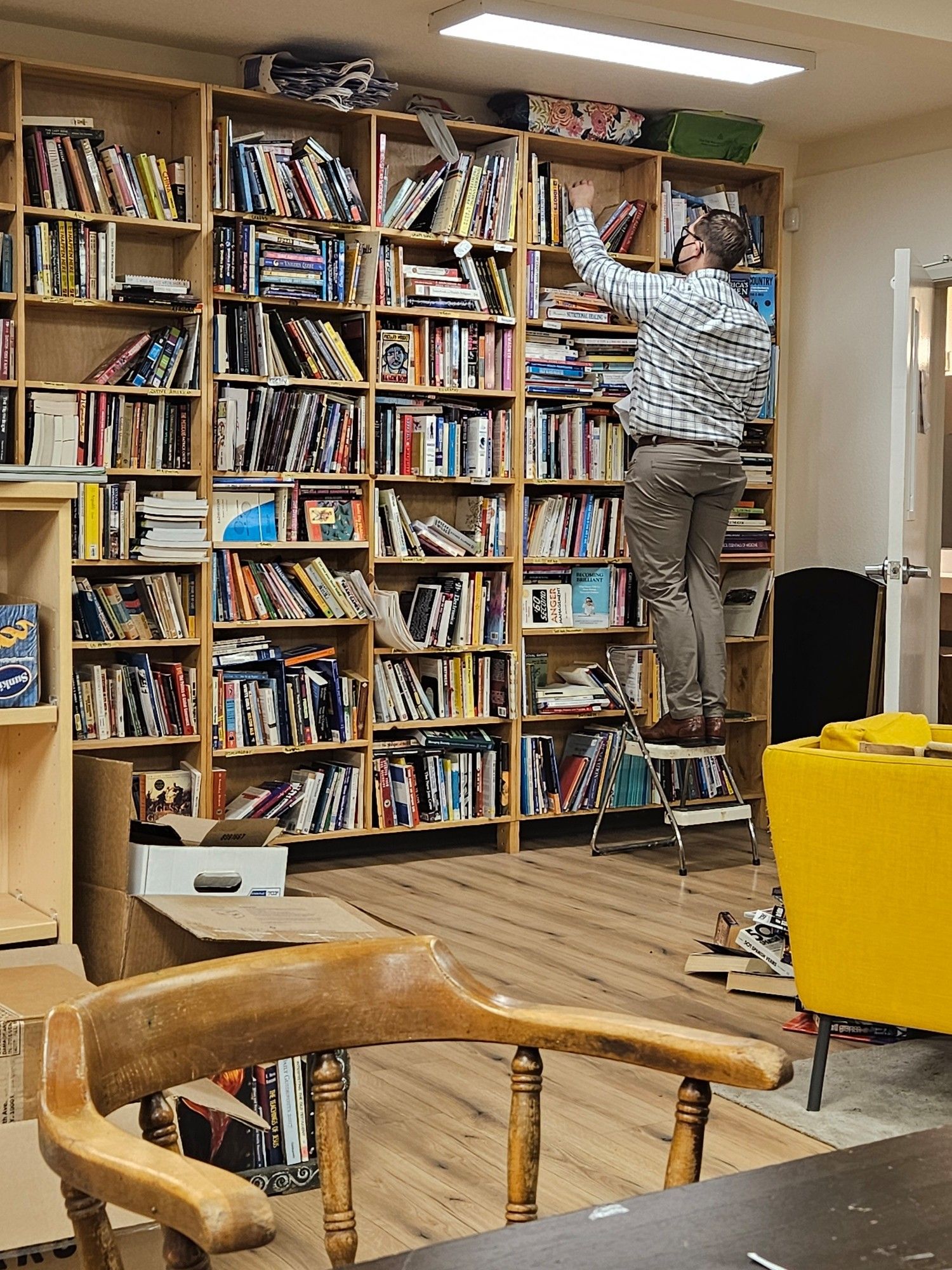 A volunteer is standing on a step stool, looking through a large bookshelf for a book to send to someone who is incarcerated.