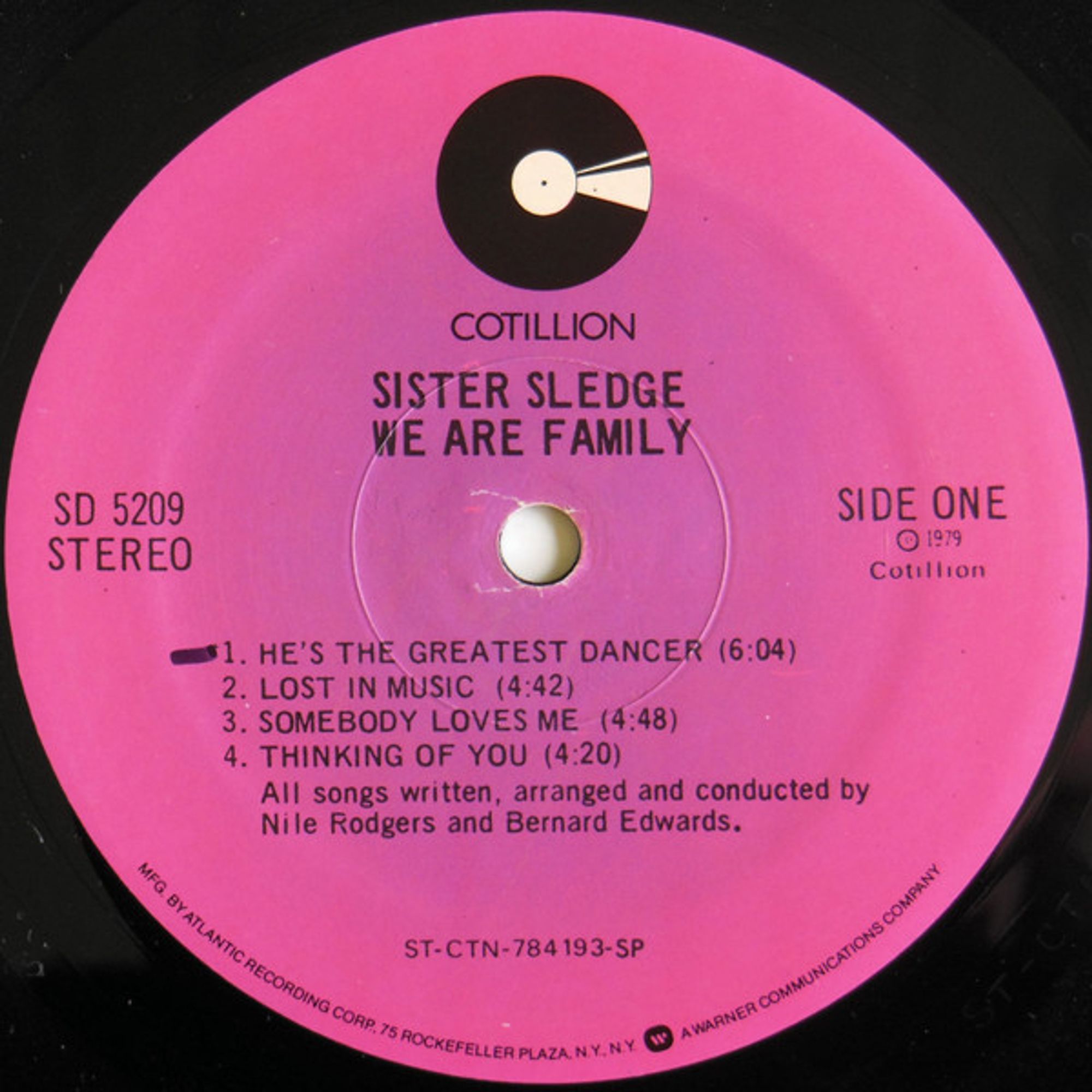 Pink Cotillion record label for side one of Sister Sledge album We Are Family
1. He's The Greatest Dancer.
2. Lost In Music
3. Somebody Loves Me
4. Thinking of You
All songs written, arranged and conducted by Nile Rodgers and Bernard Edwards
SD 5209 STEREO
(c)1979 Cotillion