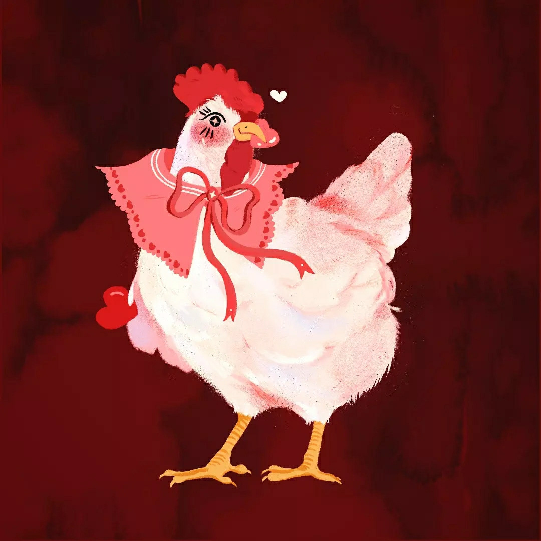 illustration of a chicken set against a red background. The chicken is rendered in shades of red, pink and white and is holding one heart in her beak and another in her wing. She's wearing a pink pilgrim collar with little hearts at the edges, tied with a big red bow. There's a sparkle in her eye.