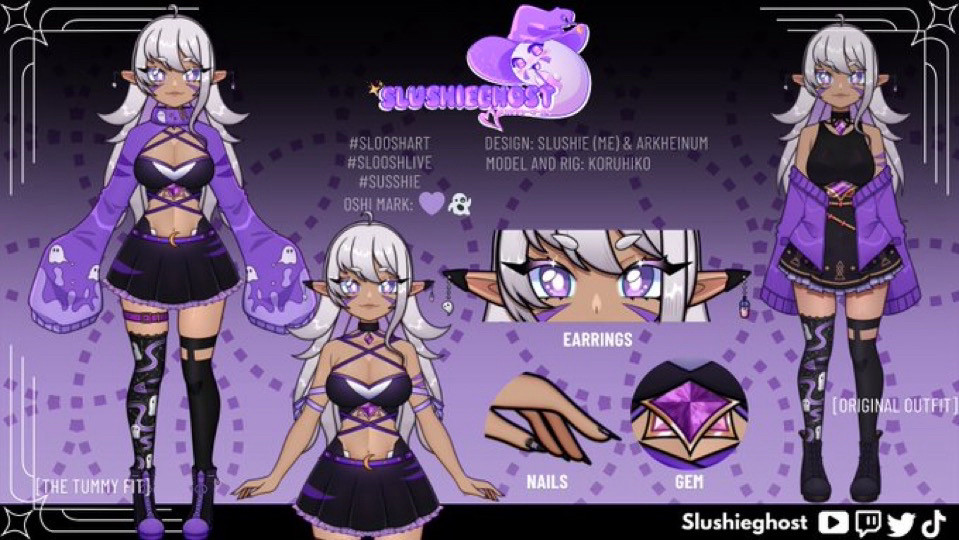 Official Slushieghost reference sheet showcasing their new outfit (on the left) and their original outfit (right)