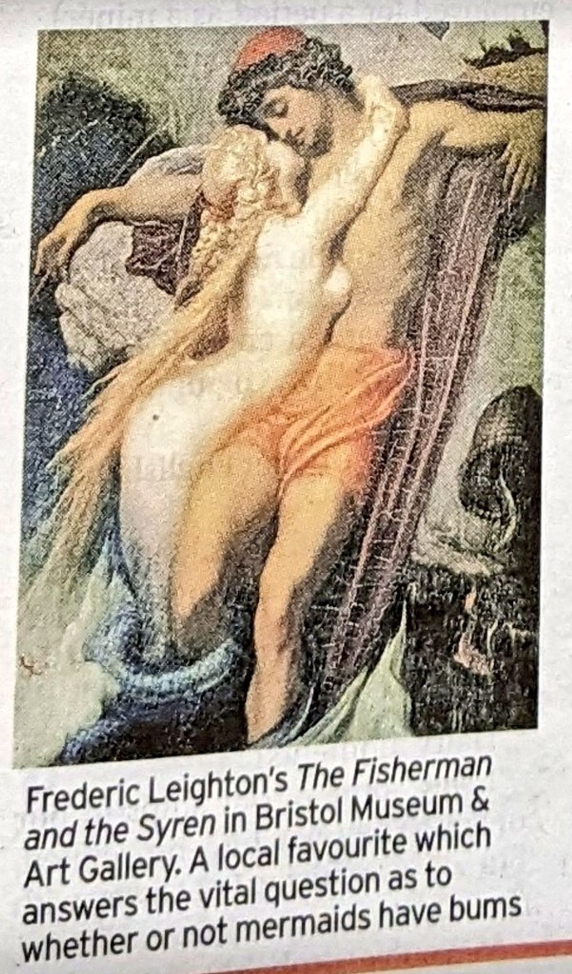 A photo of a newspaper reproduction of a painting, showing a mermaid with their arms wrapped round an unconscious fisherman's neck