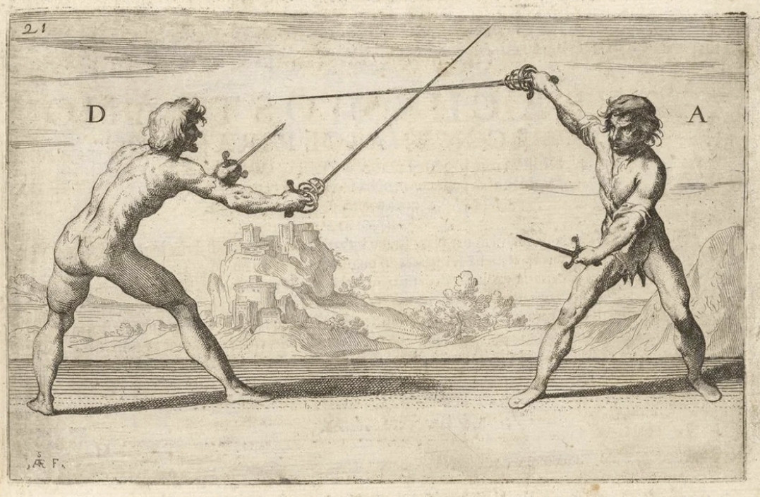 A woodcut illustration from a historic book, showing two nude figures fencing, each has a dagger as well