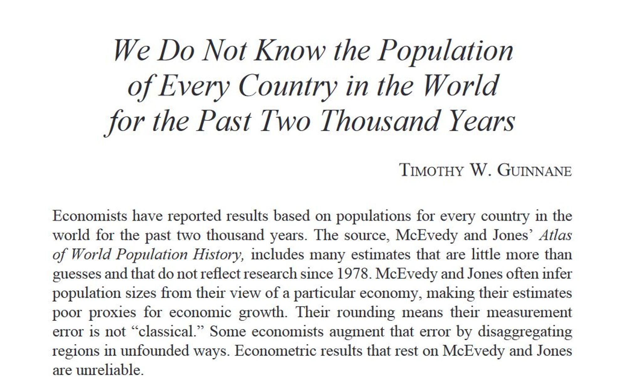 Screenshot of an article: Timothy W. Guinnane, “We Do Not Know the Population of Every Country in the World for the Past Two Thousand Years,” Journal of Economic History 83, no. 3 (2023): 912-938.