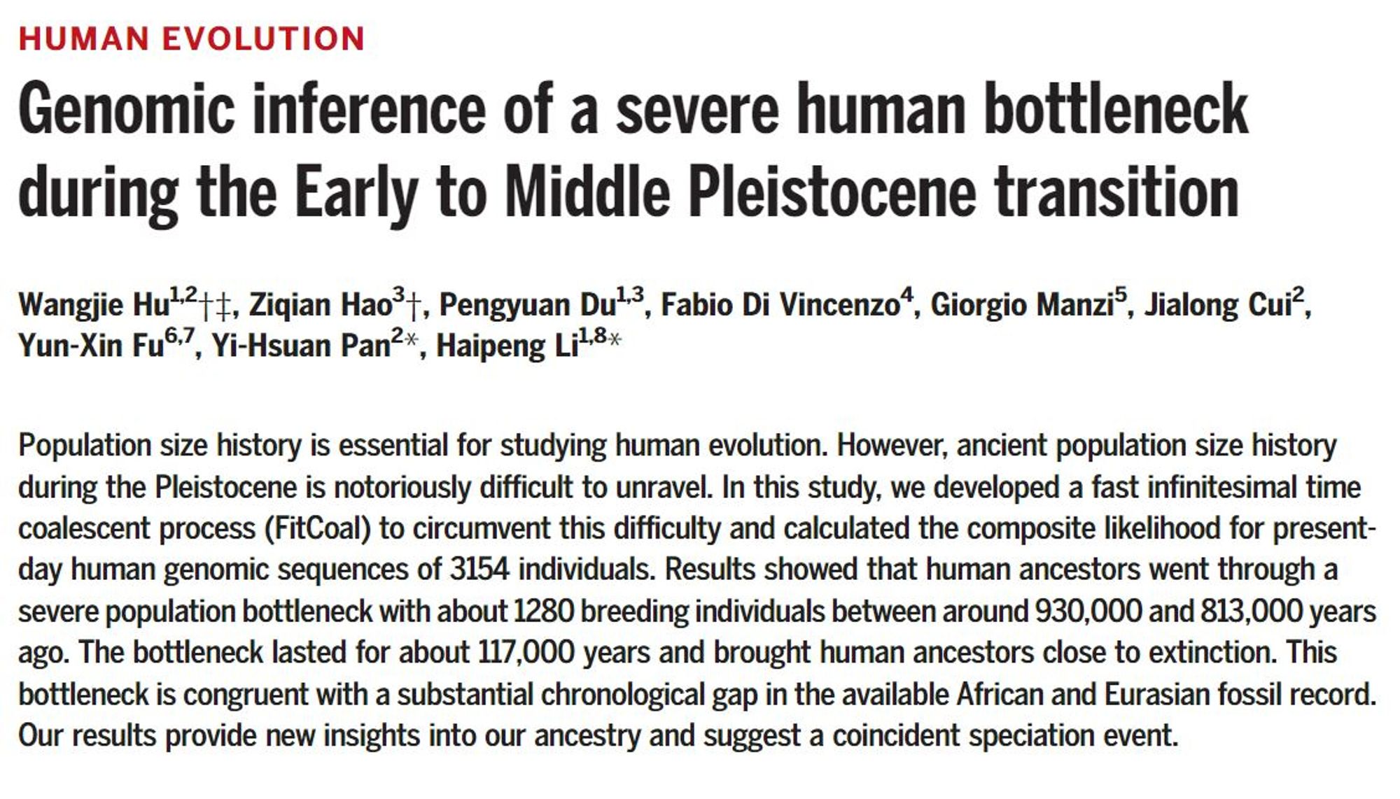 Screenshot of an article: Wangjie Hu et al., “Genomic inference of a severe human bottleneck during the Early to Middle Pleistocene transition,” Science 381, no. 6661 (2023): 979-984.