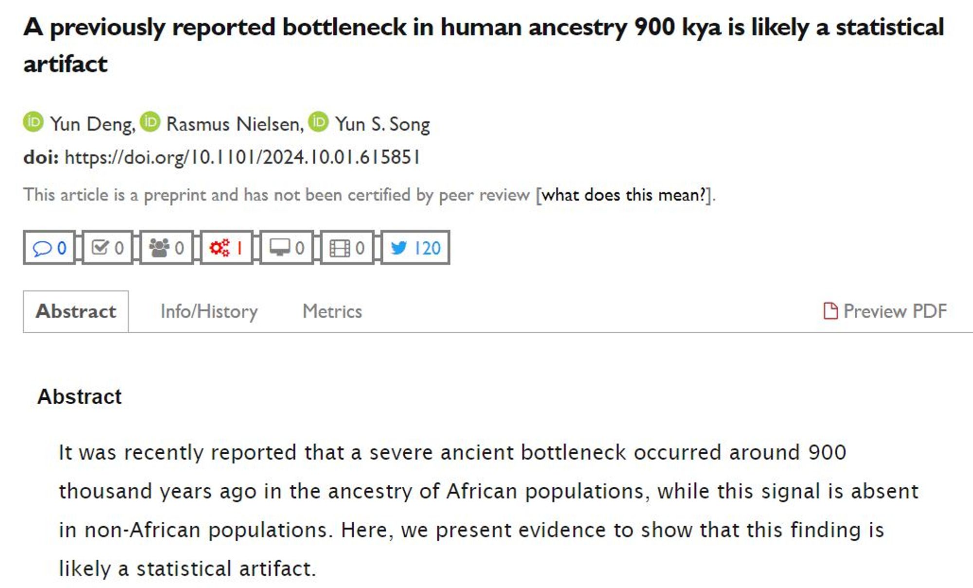 Screenshot of an article: Yun Deng, Rasmus Nielsen, and Yun S. Song, “A previously reported bottleneck in human ancestry 900 kya is likely a statistical artifact,” preprint (2024), https://doi.org/10.1101/2024.10.01.615851