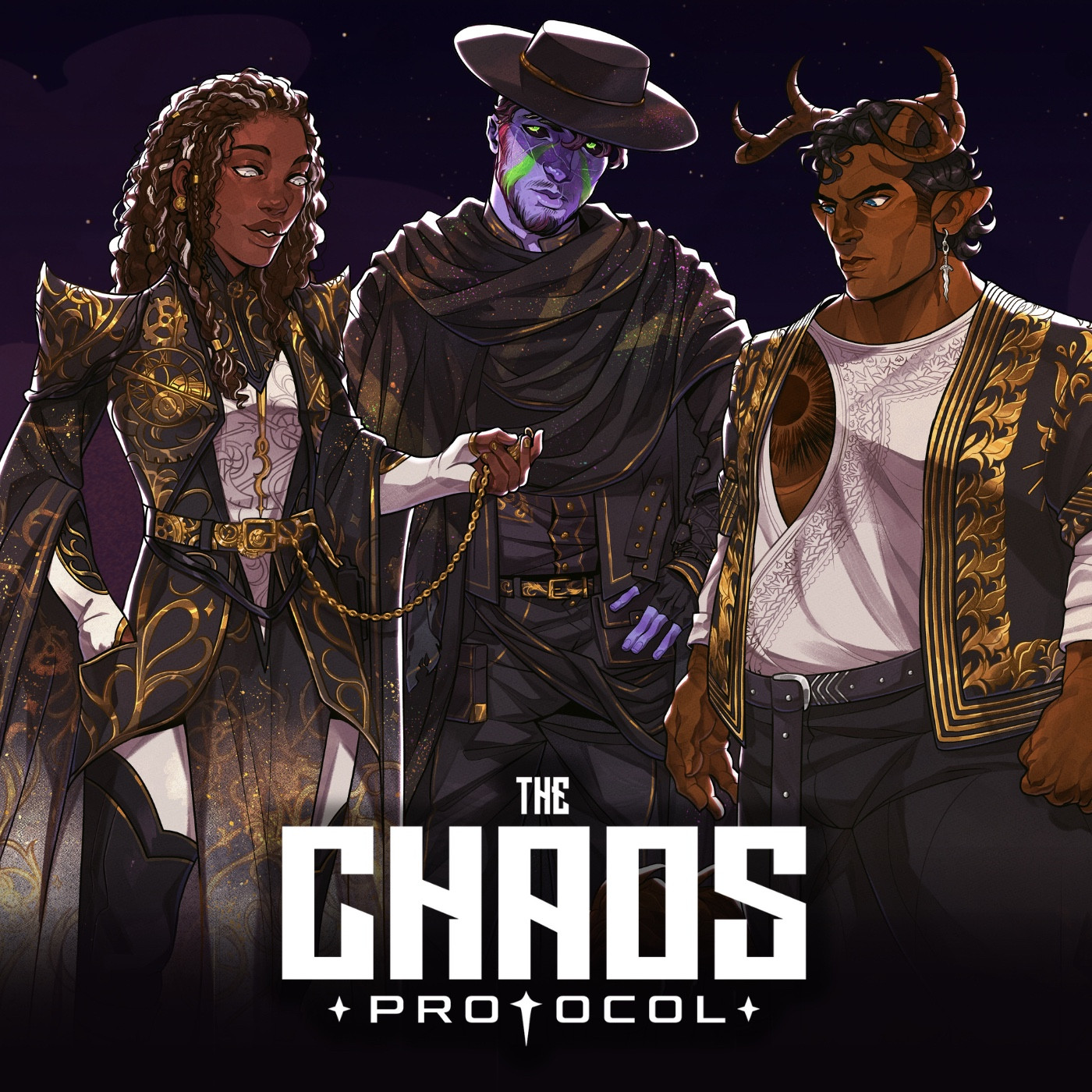 A podcast album cover for Transplanar RPG’s The Chaos Protocol. The graphic features a purple cloudy background with three character illustrations across the image. From left to right, the characters are Lumièra, Xainan, and Seir. Lumièra is a Black person with dark brown skin, curly/kinky brown hair that is partially braided and streaked with white. Xainan is a masculine person with lavender skin, and dark berry red hair cut short beneath a wide brimmed black hat. Seir is an antlered person with a heavyset frame, brown skin, and shaggy black hair with a lion-like tail. There is text that reads: “The CHAOS Protocol.”