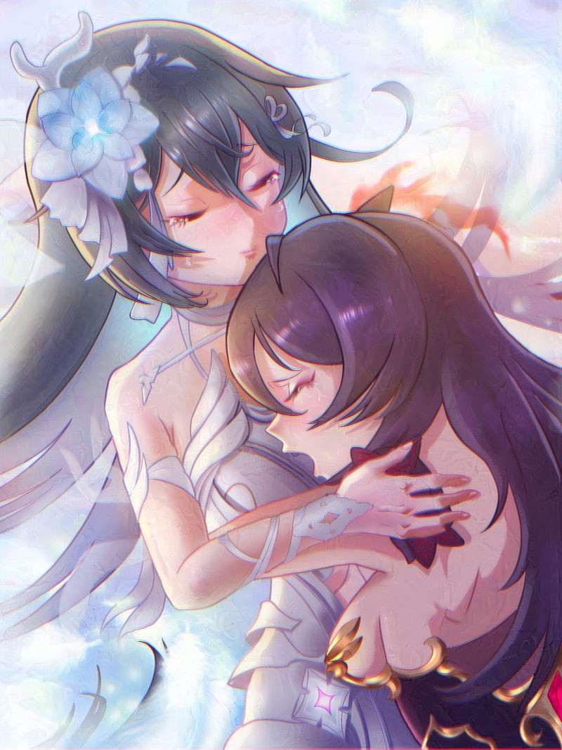 "Veliona" Seele & Seele hugging each other while crying as they're illuminated by morning sun (offscreen).