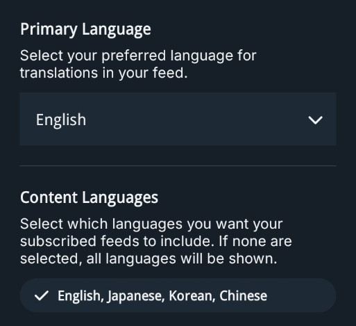 Bsky Language Settings page.

CONTENT LANGUAGES
Select which languages you want your subscribed feeds to include, if none are selected, all will be shown.