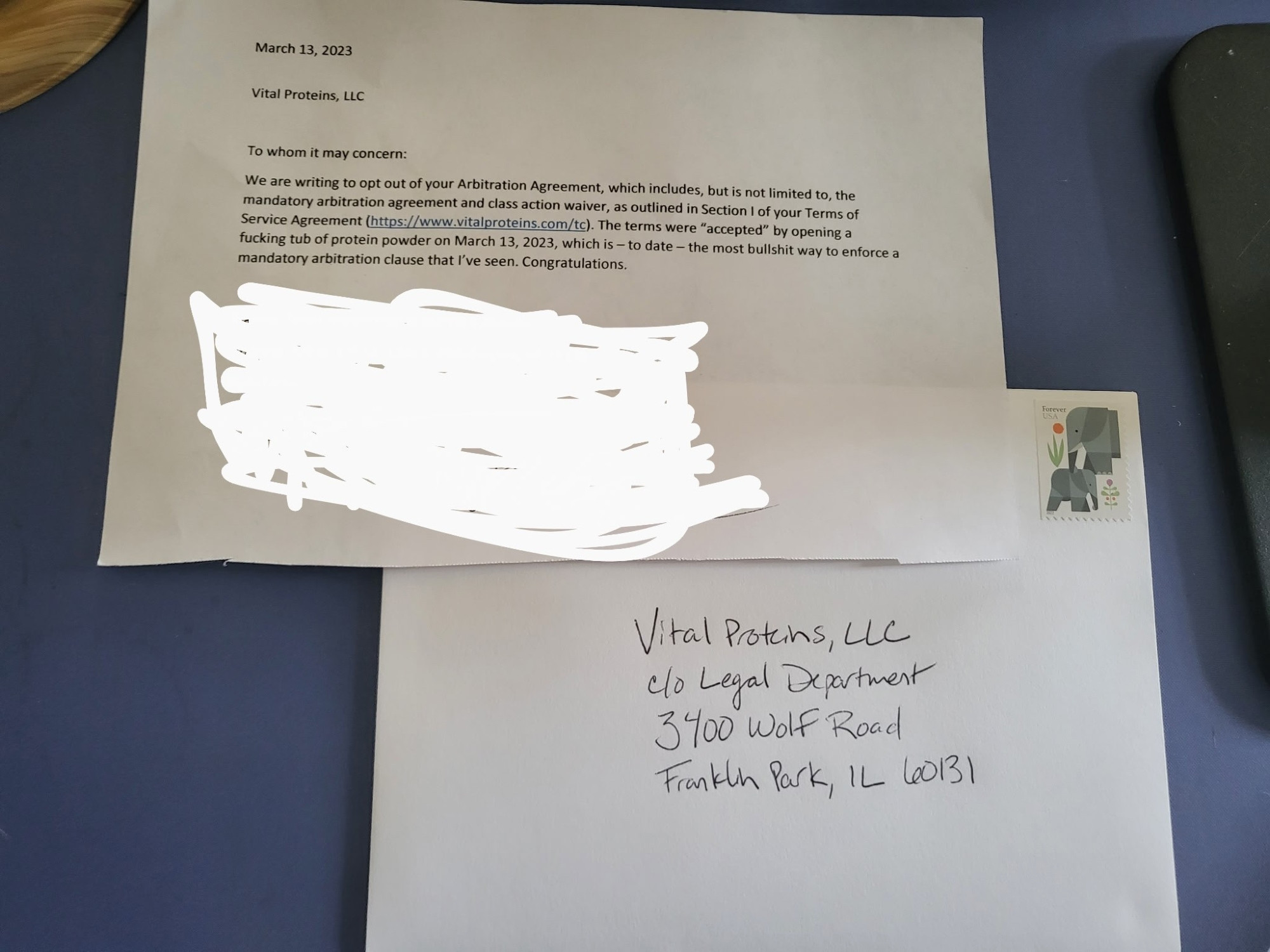 A letter opting out of the agreement and telling them what fucking bullshit this is