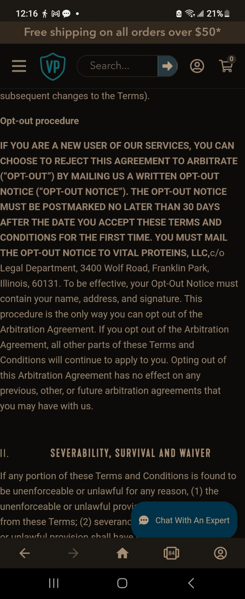 The terms and conditions section describing arbitration opt-out.