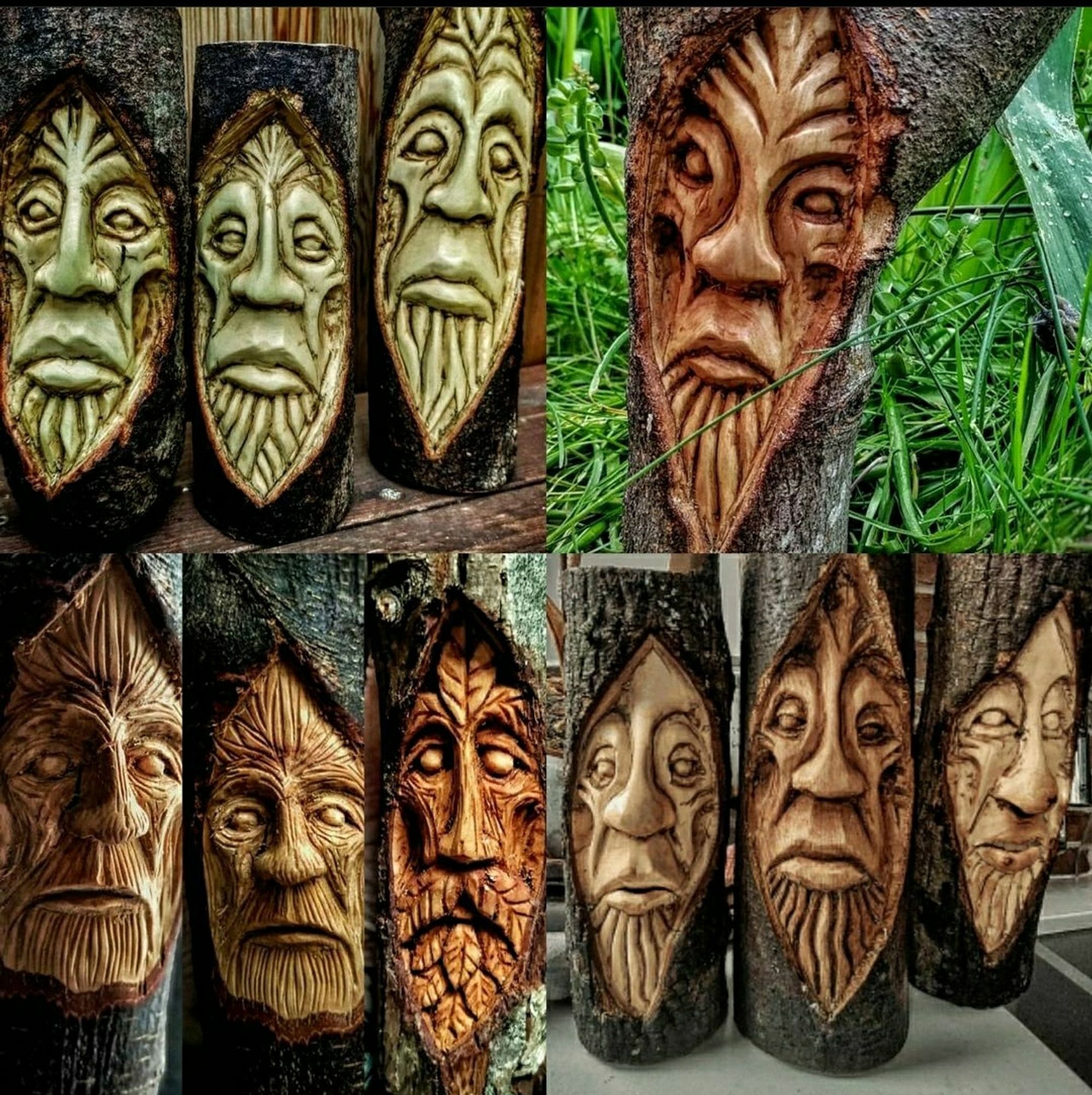 A collection of hand carved gormless and glum faces carved into sticks of various kinds