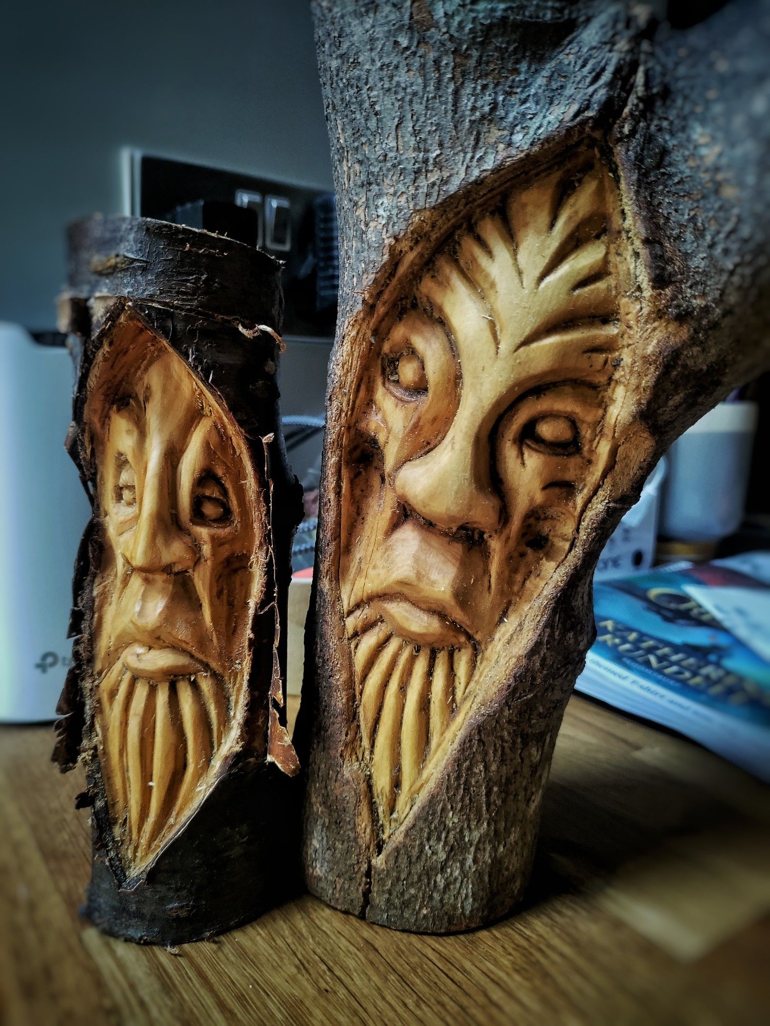 Two serious faced wood spirits, carved into fallen branches & catching some nice shadows on the kitchen side this morning