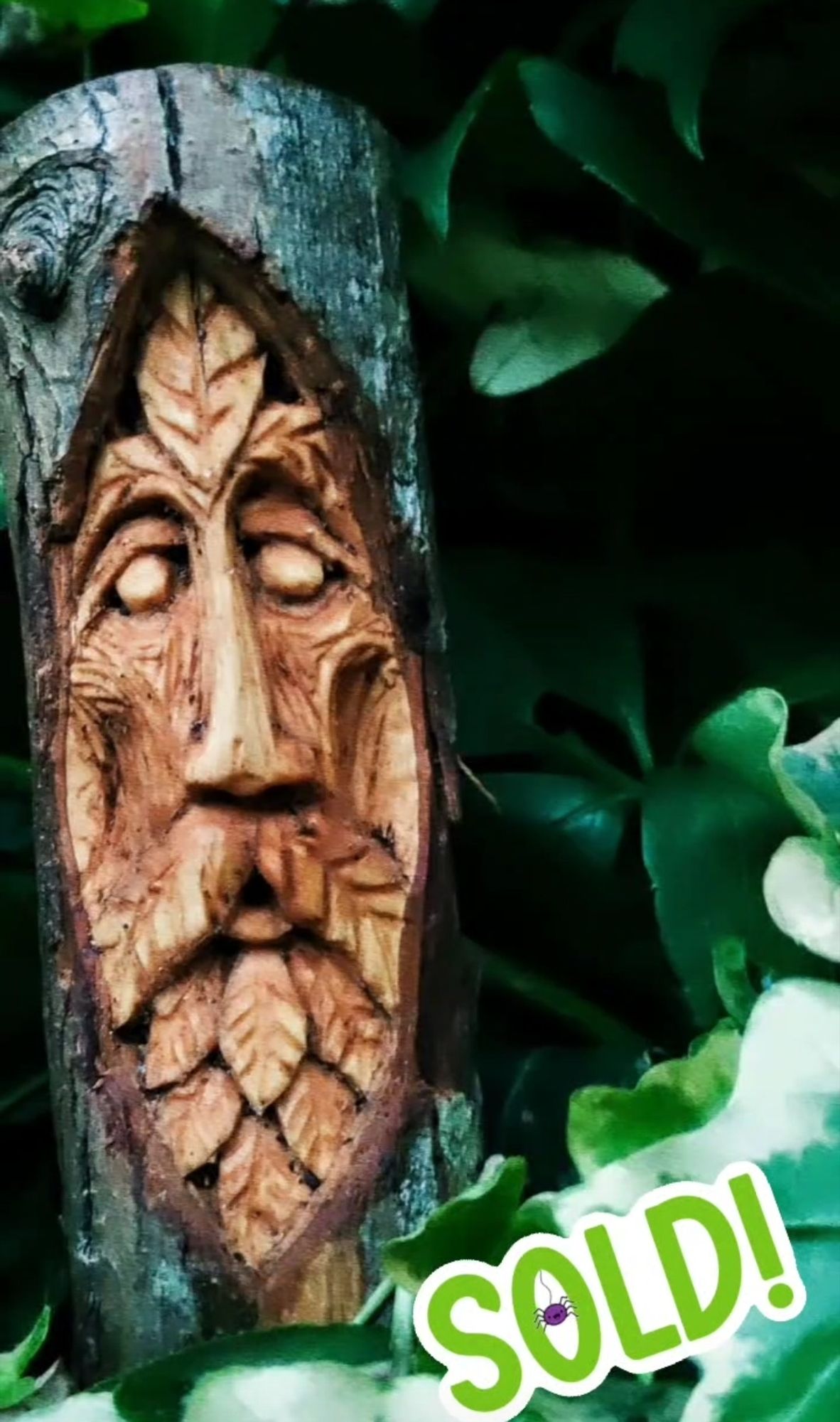 Hawthorn stick with a green man face carved into it against a leafy backdrop