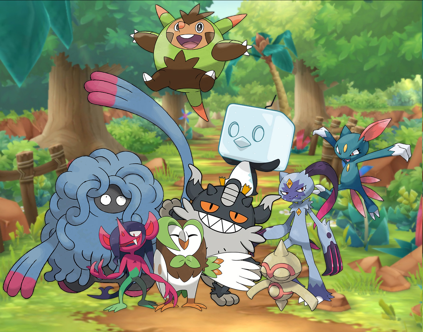 Tangrowth, Morgrem, Dartrix, Quilladin , Perrserker, Eiscue, Baltoy, Sneasel, and Sneaseler behind a forest background