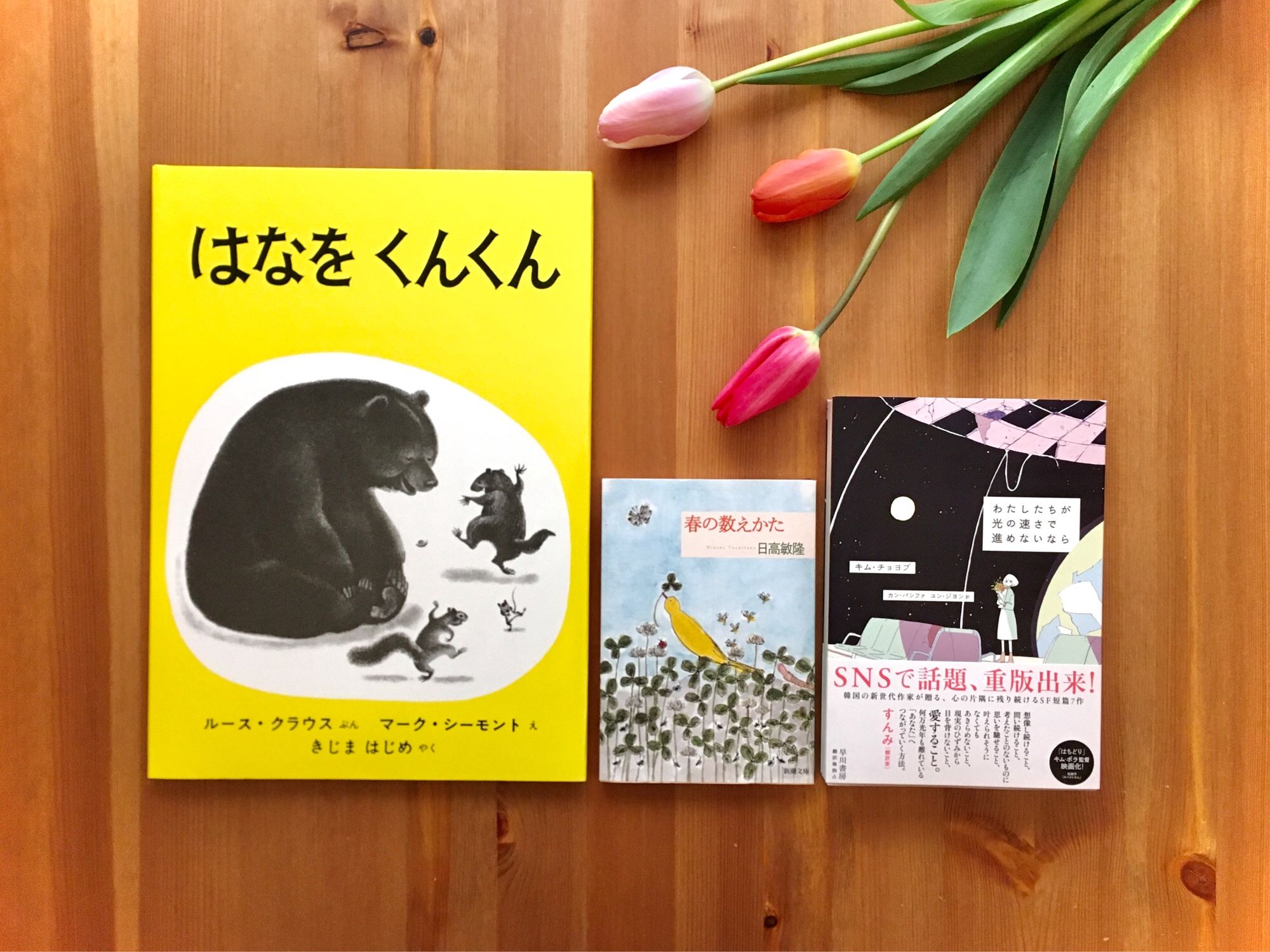 『はなをくんくん』ルース・クラウス 文/ マーク・シーモント 絵 / きじまはじめ 訳 / 福音館書店
『春の数えかた』日高敏隆 / 新潮社
『わたしたちが光の速さで進めないなら』キム・チョヨプ 著 / カン・バンファ、ユン・ジヨン 訳 / 早川書房
三冊の書影とチューリップの花