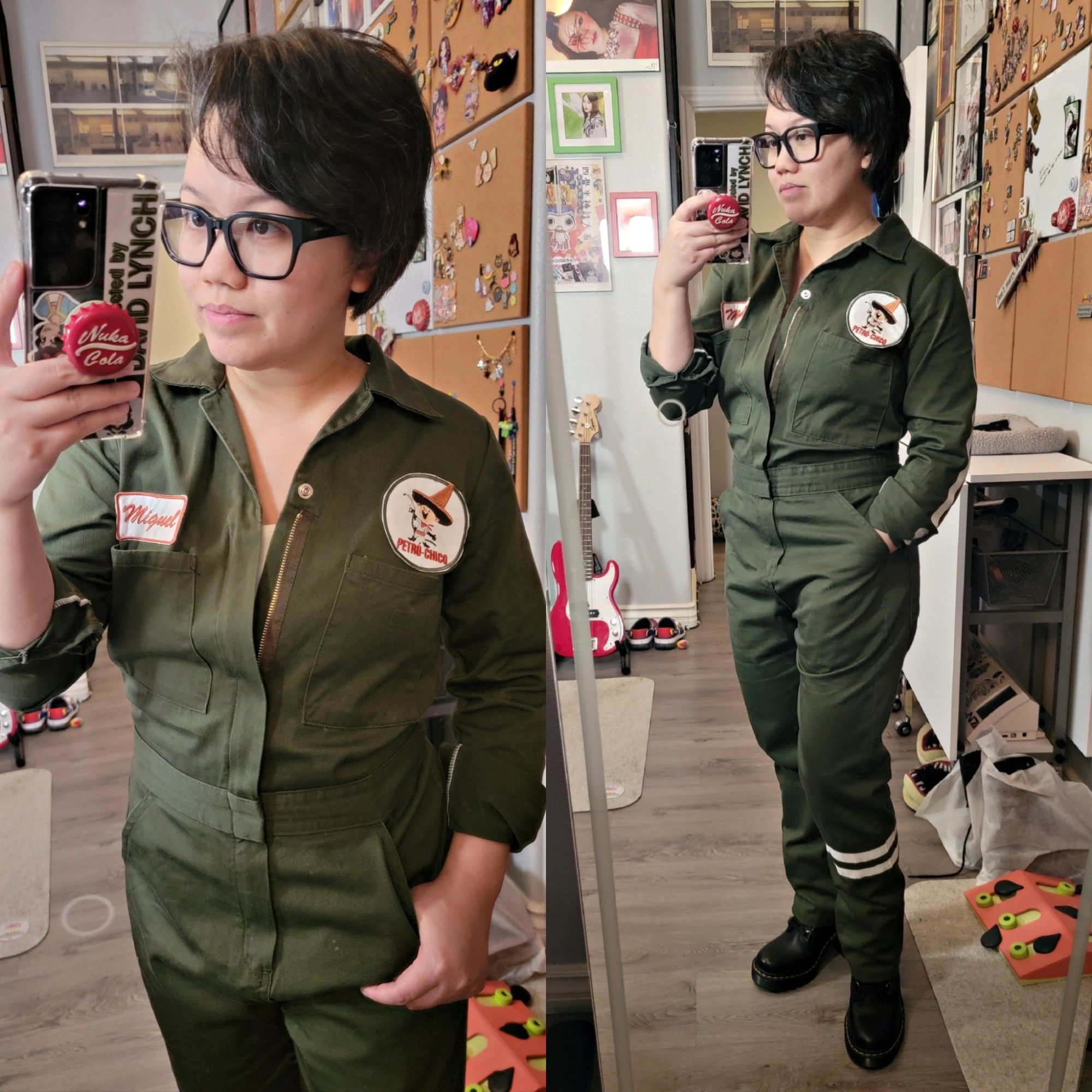 Mirror selfie collage of a woman with short side shaved hair and glasses wearing a Petro-Chico jumpsuit from Fallout: New Vegas