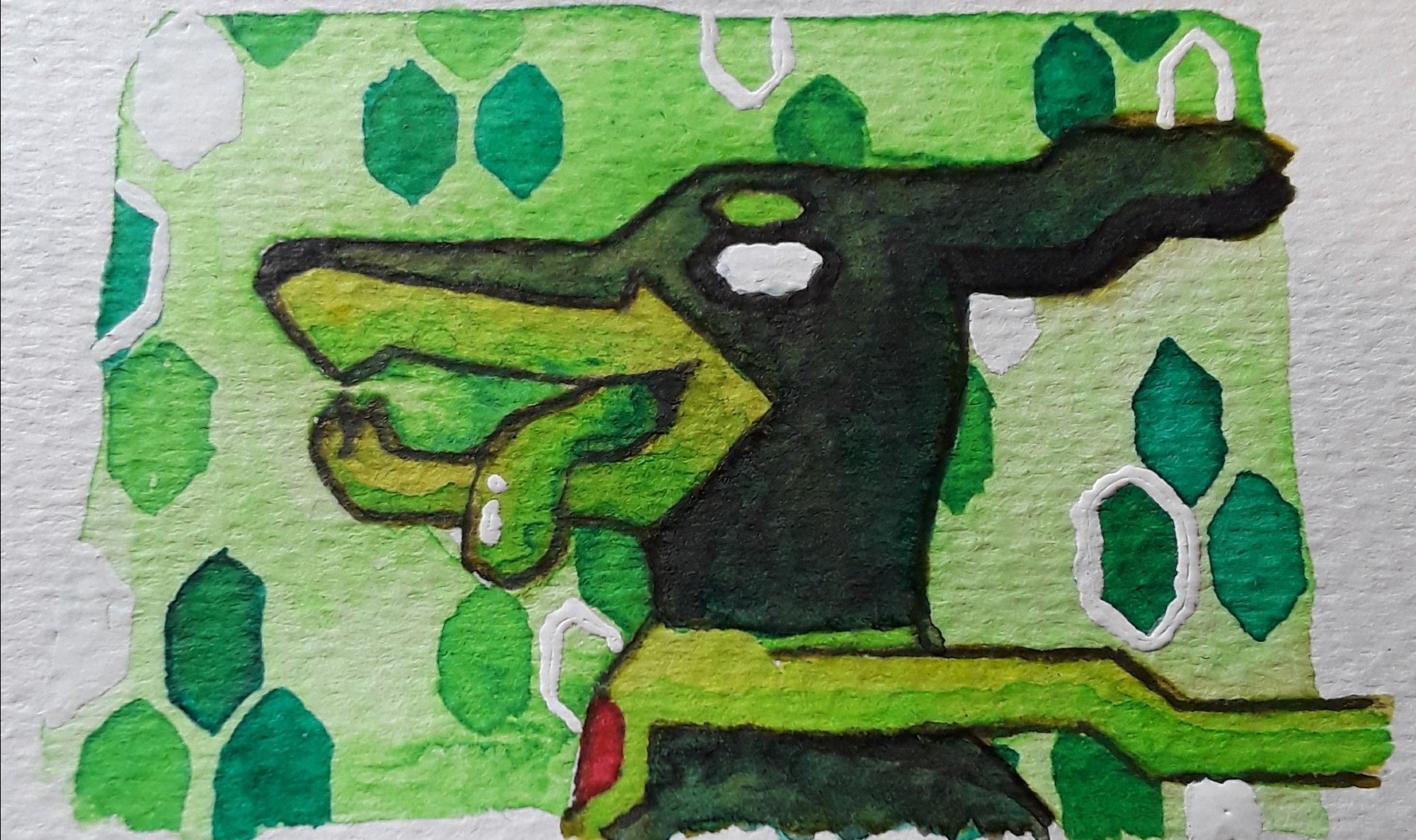 a green watercolor picture of Zygarde in dog form from the shoulders up. Zygarde is facing left and has its tounge hanging out of its mouth happily, as dogs do.