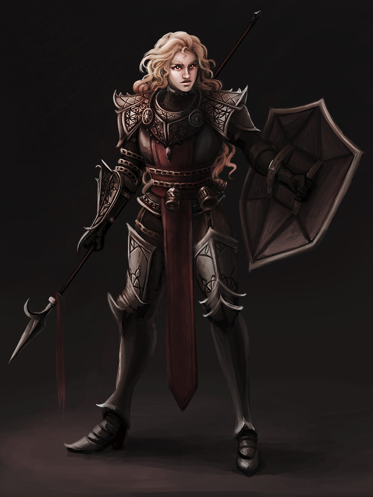 A digital painting of a woman wearing dark armor. Her hair is long, blonde, and wavy. Her skin is pale and her eyes are red with pupils that are glowing with light. She wields a polearm in one hand and a shield in the other.