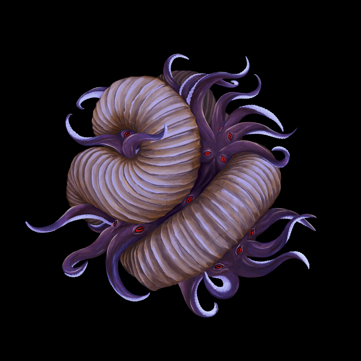 An aquatic creature with a twisted shell, out of which sprouts many tentacles. Some of the creature's mass also has red eyes. The shell is a light tan color, the creature's mass is mainly purple with some blue accents, and the underside of the tentacles has suckers and is a ghostly pale purple.