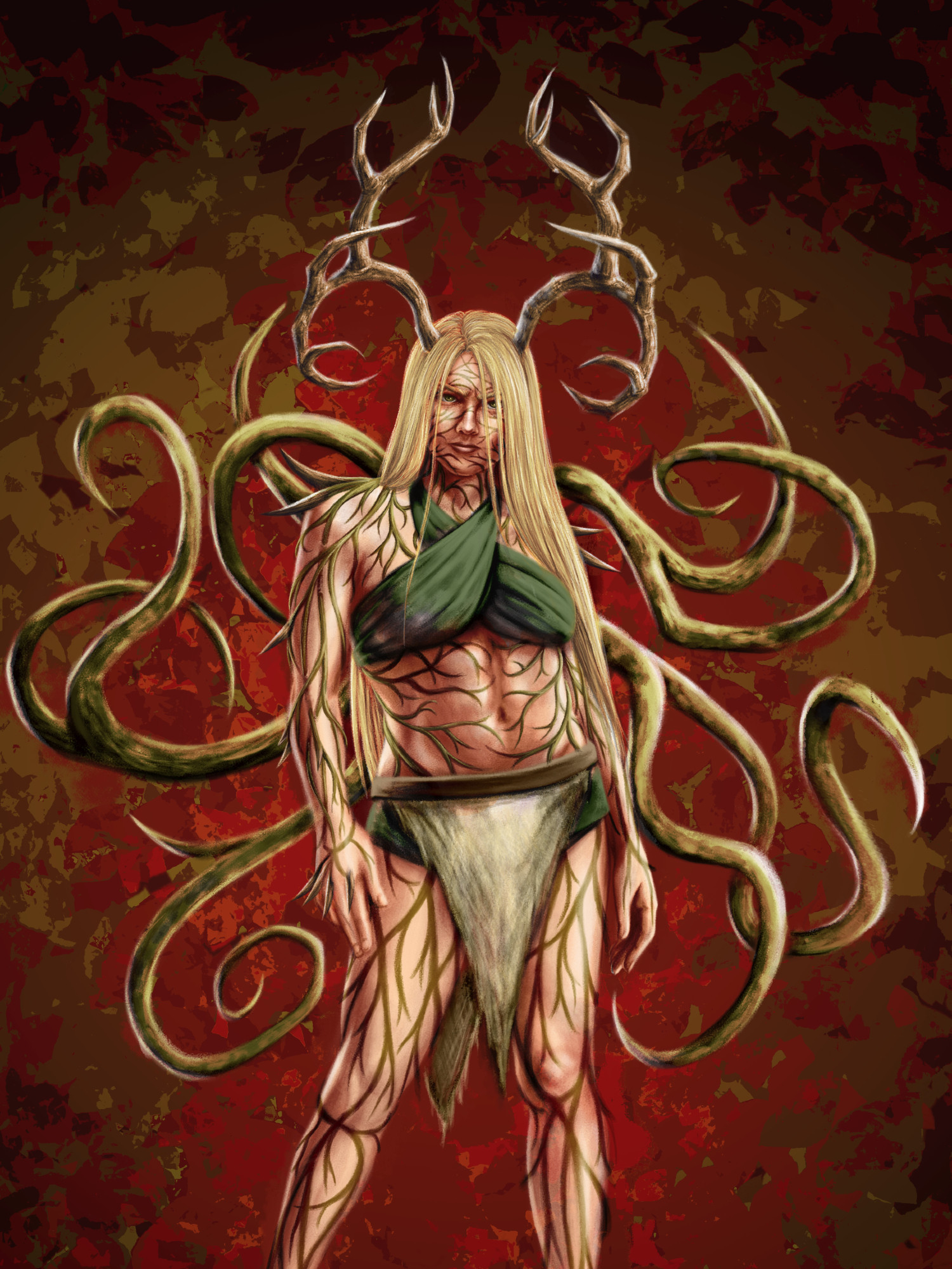 Digital painting of a woman with vines growing over her skin and coming out of her back. She has straight blonde hair and wooden looking antlers. Spikes protrude from some of the vines.