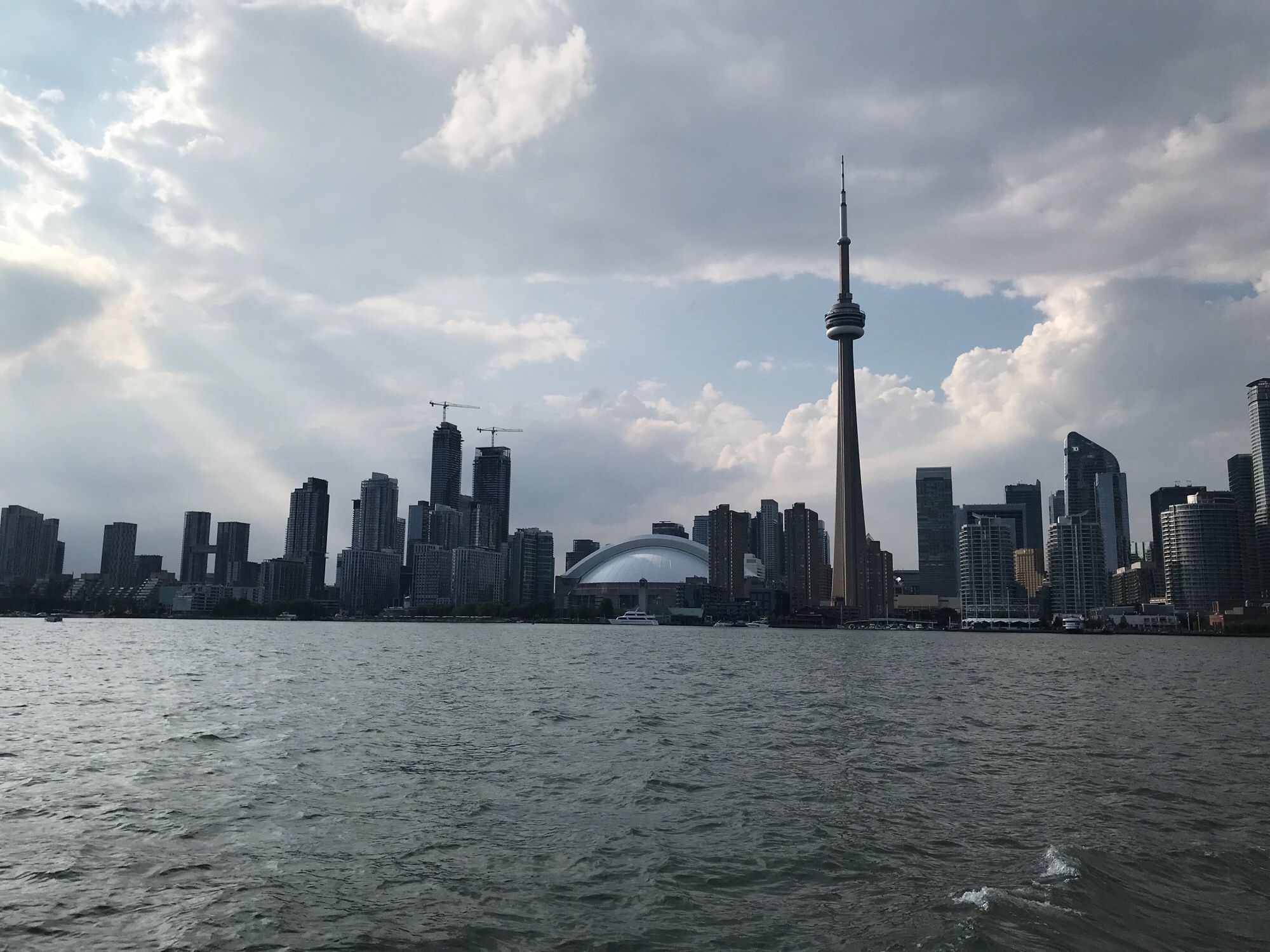 View of the Toronto Skyline with the CN tower visible, looking cross the ‘Canada Water’.