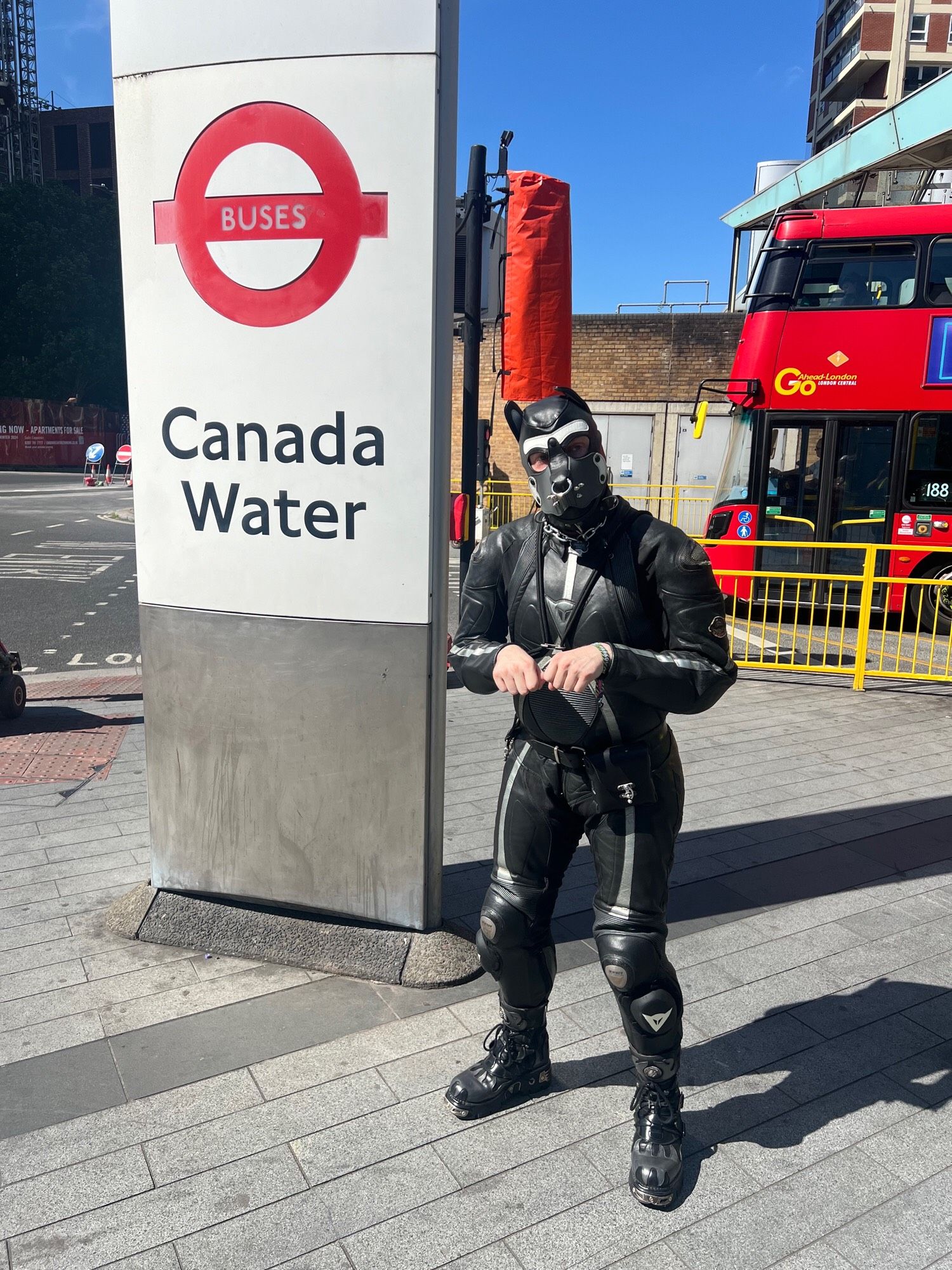 Leather dog next to the Canada Water station sign.