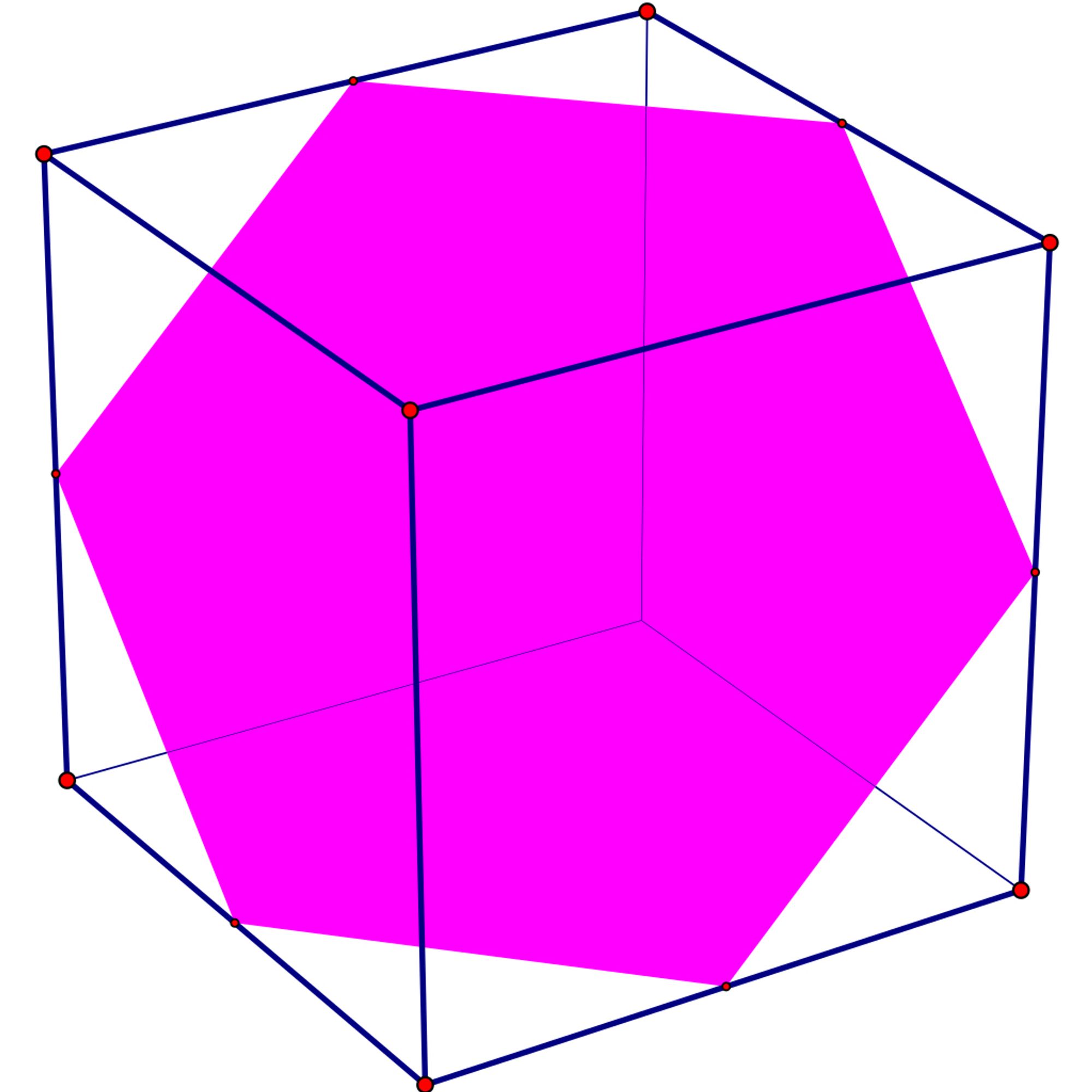 A certain cross-section through a 3d cube, giving a hexagon.