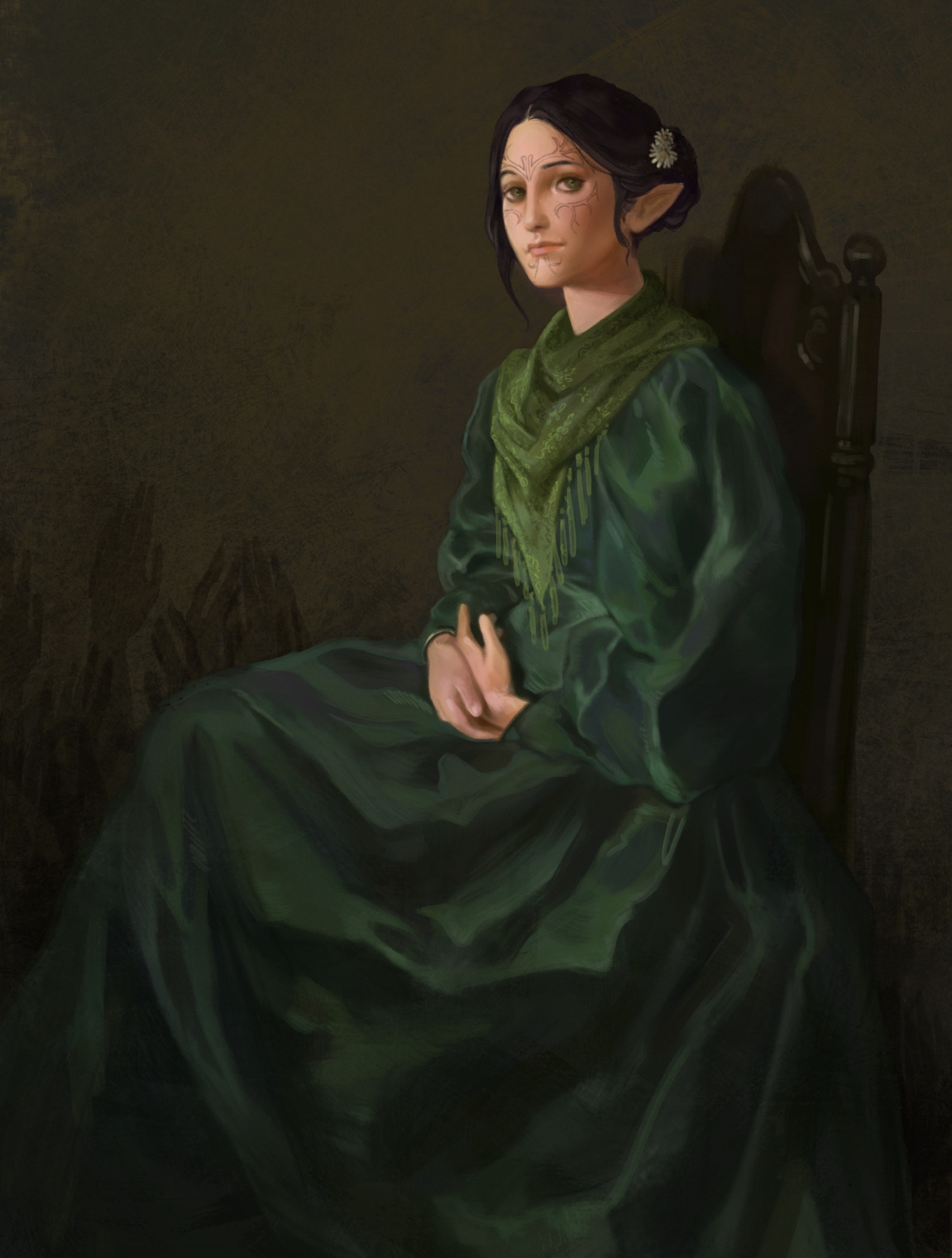 Merrill from dragon age 2 sitting in a chair in a long green gown. She is smiling faintly with a daisy in her hair and there are ghostly arms in the background. The painting style is old realism oil painting. 