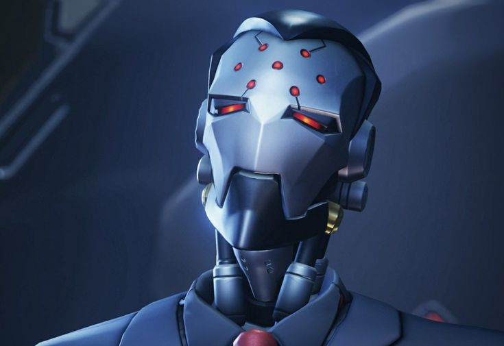 A picture of a robot (Max, from Overwatch) from the shoulders up. The robot has his head titled back and is wearing an expensive looking suit.