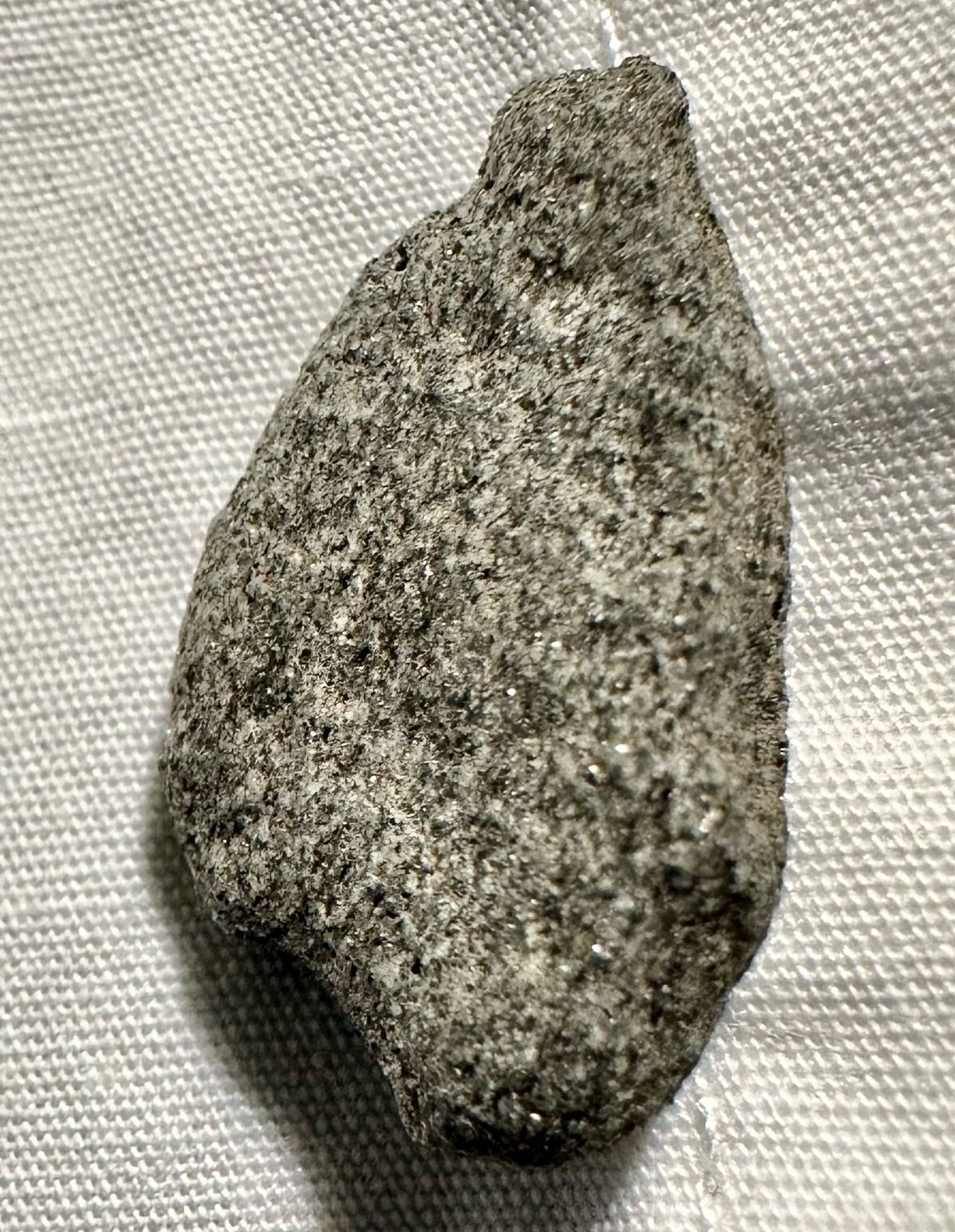 A flecked gray and white rock, in macro, sitting on a white cloth. If I could tell you more about it, I would, but I’m a tooter, not a geologist, Jim. 