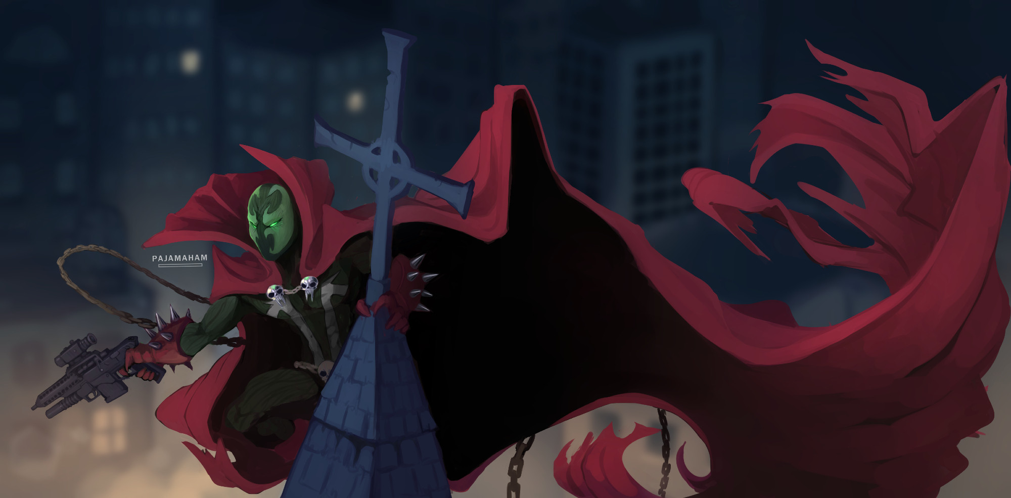 Todd McFarlane's spawn chilling on a church (as he's known to do) holding a man made tool, there might be a city in the background