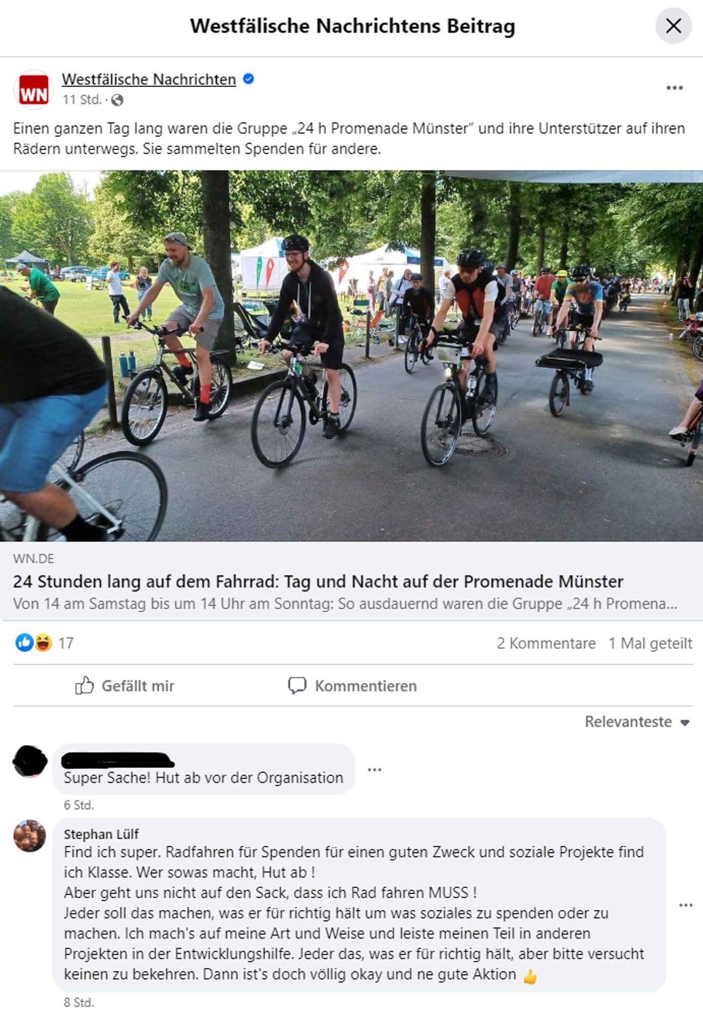 Kommentar bei FB.
Find ich super. Radfahren für Spenden für einen guten Zweck und soziale Projekte find ich Klasse. Wer sowas macht, Hut ab !
Aber geht uns nicht auf den Sack, dass ich Rad fahren MUSS !
Jeder soll das machen, was er für richtig hält um was soziales zu spenden oder zu machen. Ich mach's auf meine Art und Weise und leiste meinen Teil in anderen Projekten in der Entwicklungshilfe. Jeder das, was er für richtig hält, aber bitte versucht keinen zu bekehren. Dann ist's doch völlig okay und ne gute Aktion