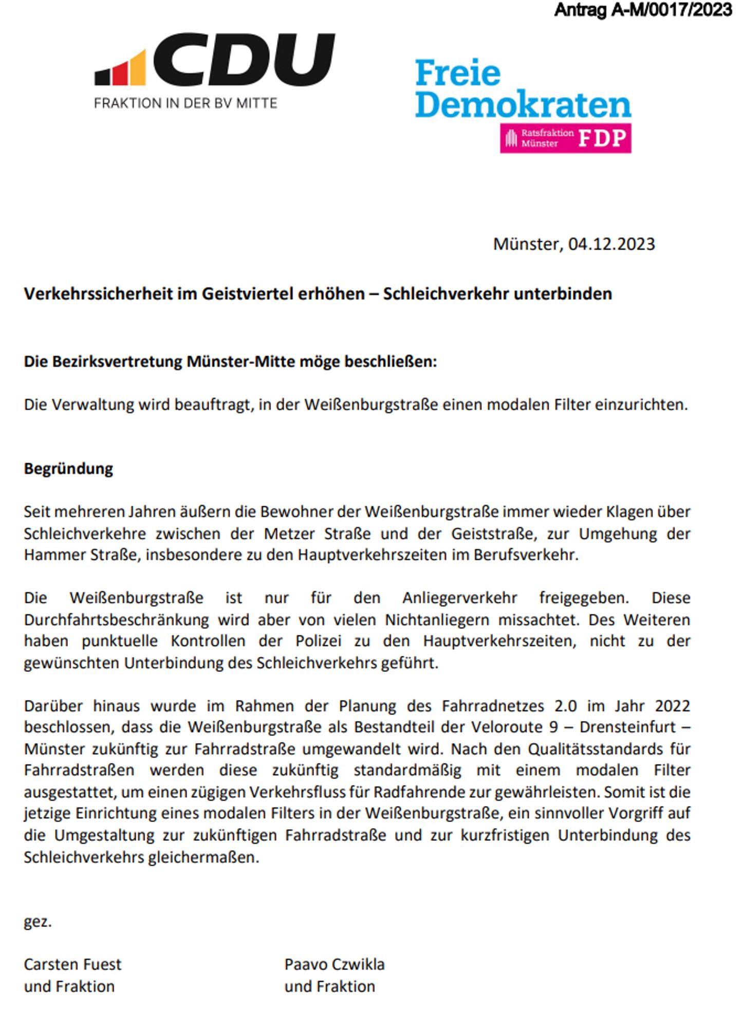 Ratsantrag der CDU "Verkehrssicherheit im Geistviertel erhöhen – Schleichverkehr unterbinden "