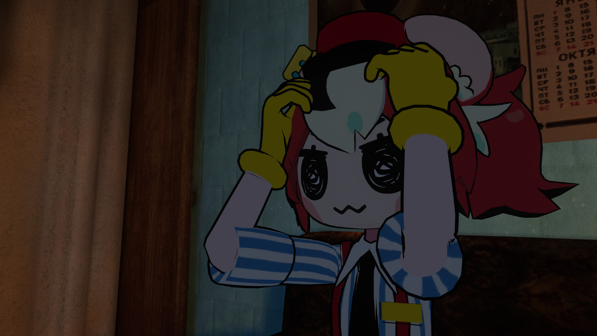 Hakos Baelz in Kasane Teto's outfit in Mesmeriser holding her head in fucking disbelief (despite her very neutral expression)