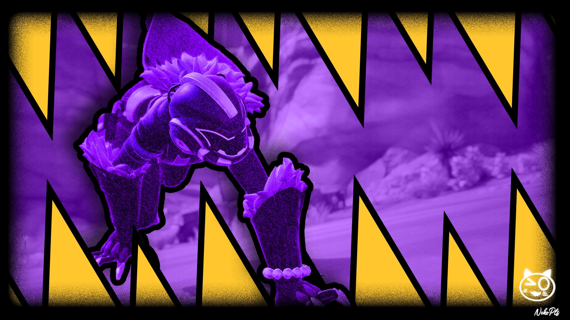 The Paradigm skin from Fortnite pouncing with the Black Panther claws with a purple background and yellow spikes in the foreground and background. 