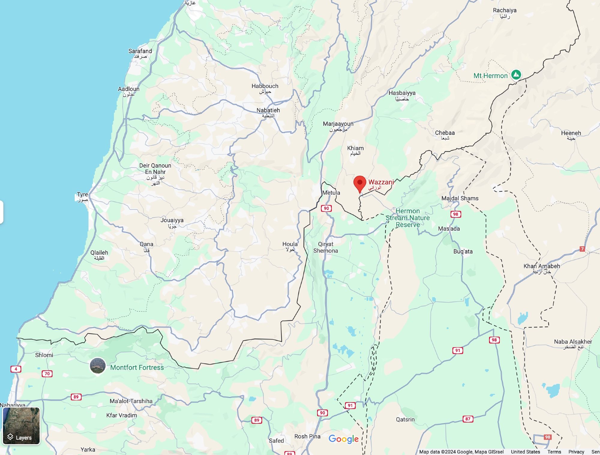 Map shows location of Wazzani at the Lebanon border and also the Metula military base at the Israeli border directly to the West (border isn't a straight line)